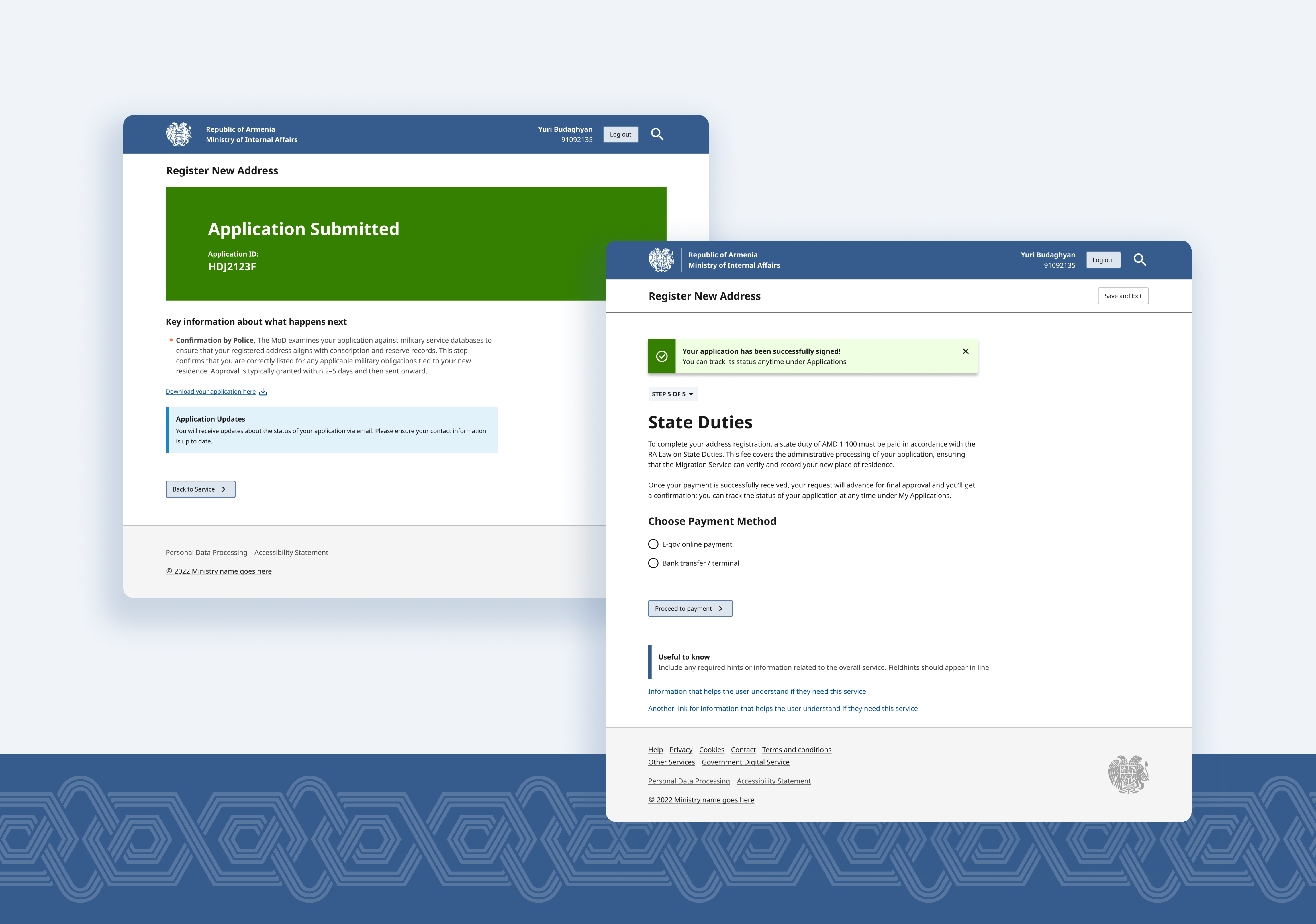 Screens from Armenia's government services portal — submitting and registering an address
