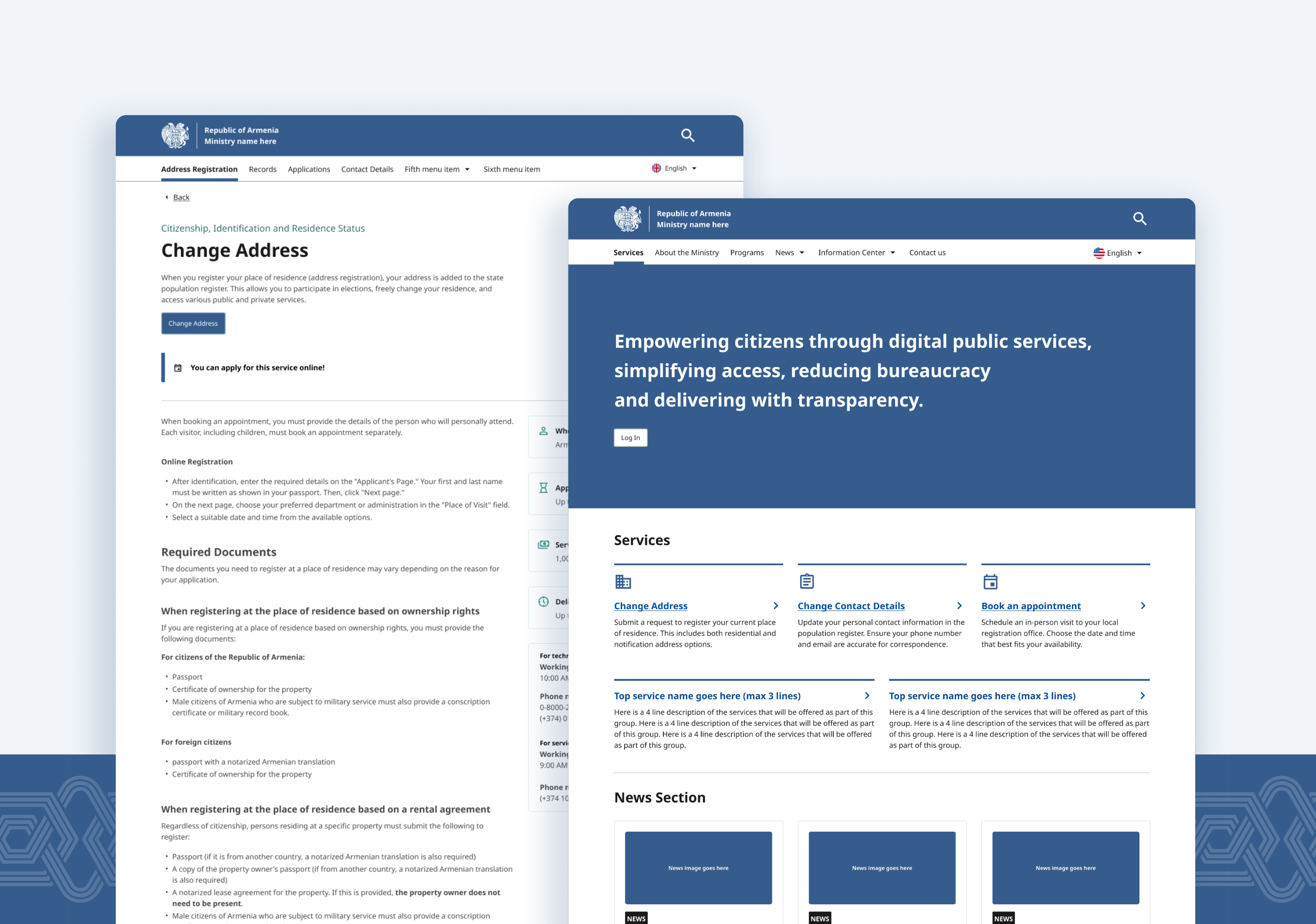 Armenia government portal — a change-of-address form and the services homepage