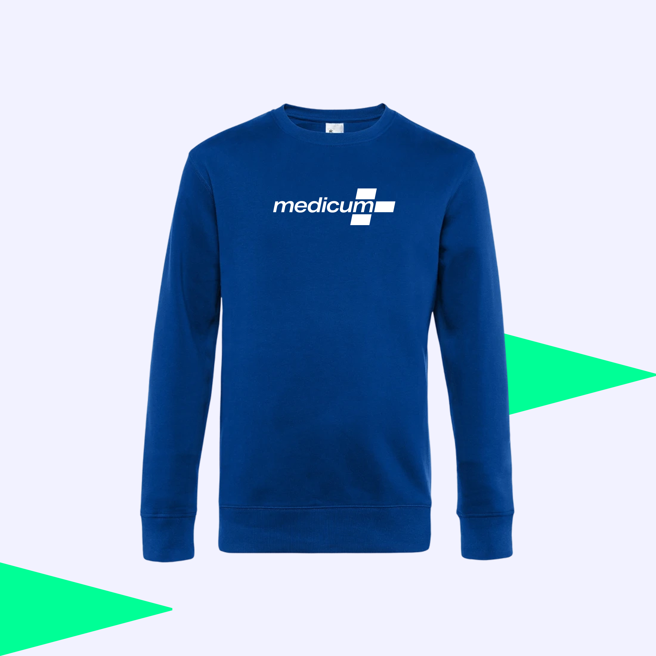 Blue Medicum-branded sweatshirt with the white logo