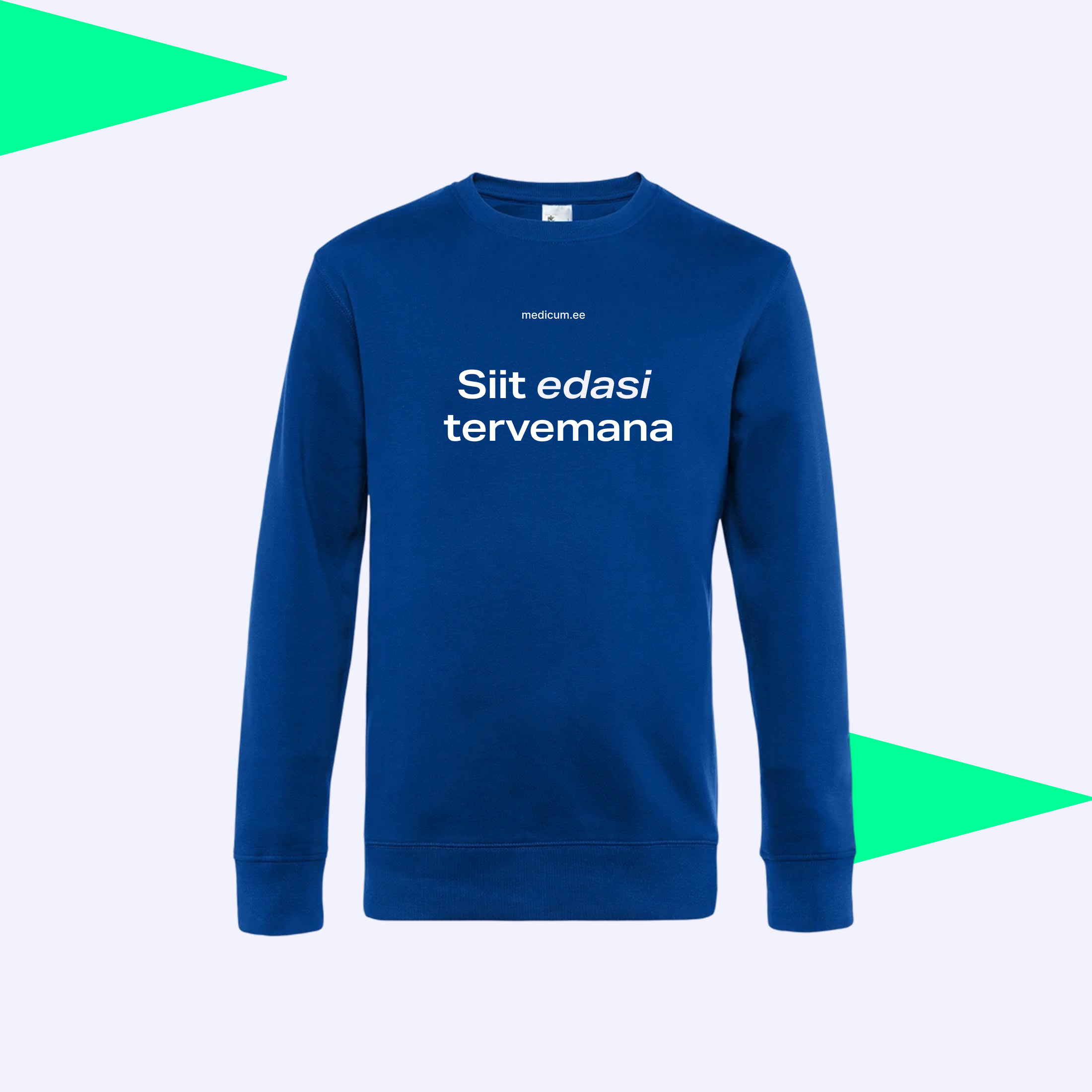 Blue Medicum sweatshirt printed with the slogan 'From here on, healthier'