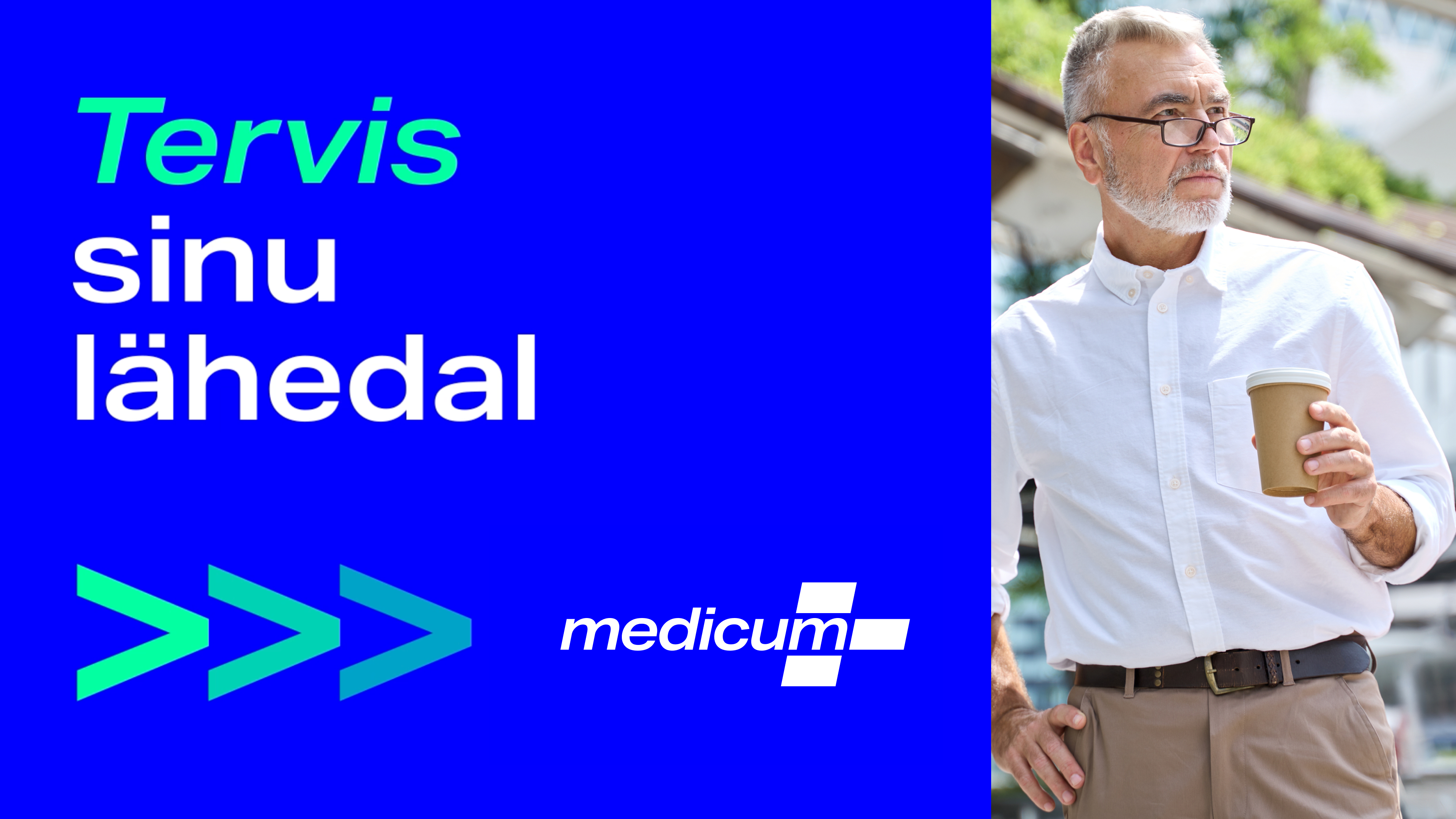 Medicum brand banner with the tagline 'Health close to you' and a smiling man holding a coffee cup