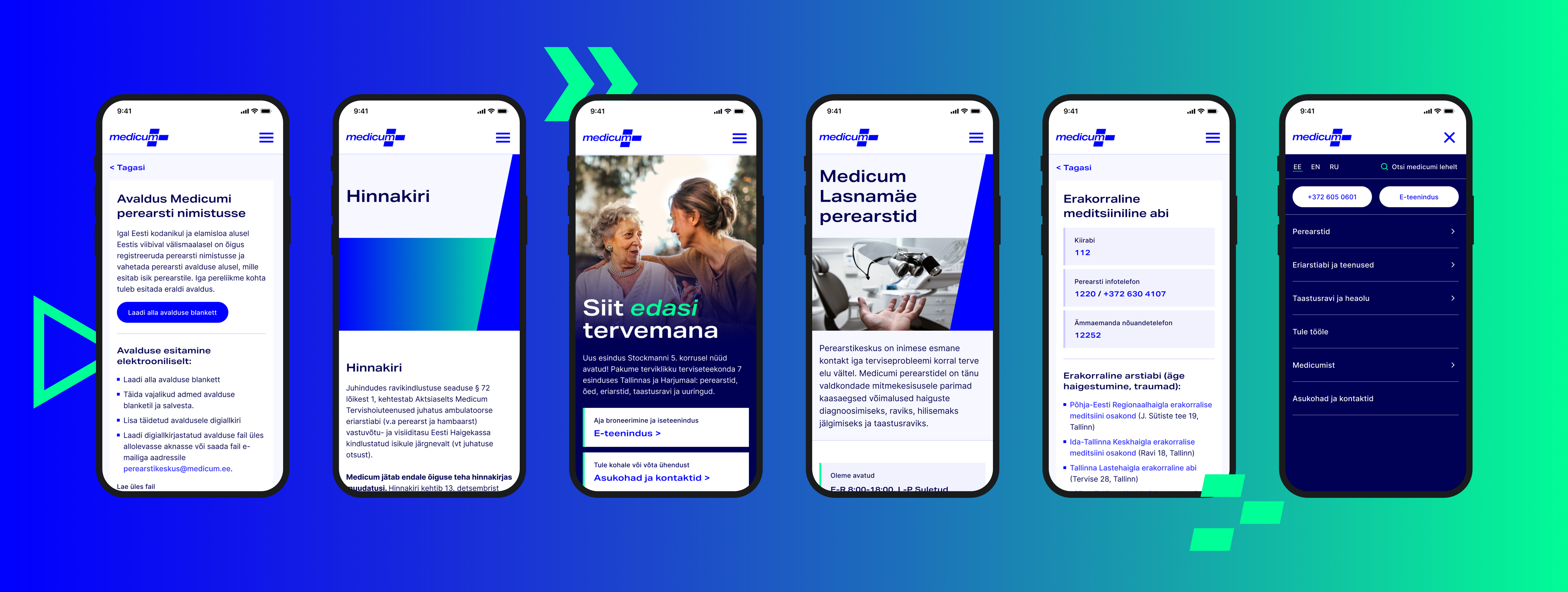 Six phone screens showing the responsive Medicum website — pricing, doctors and booking pages