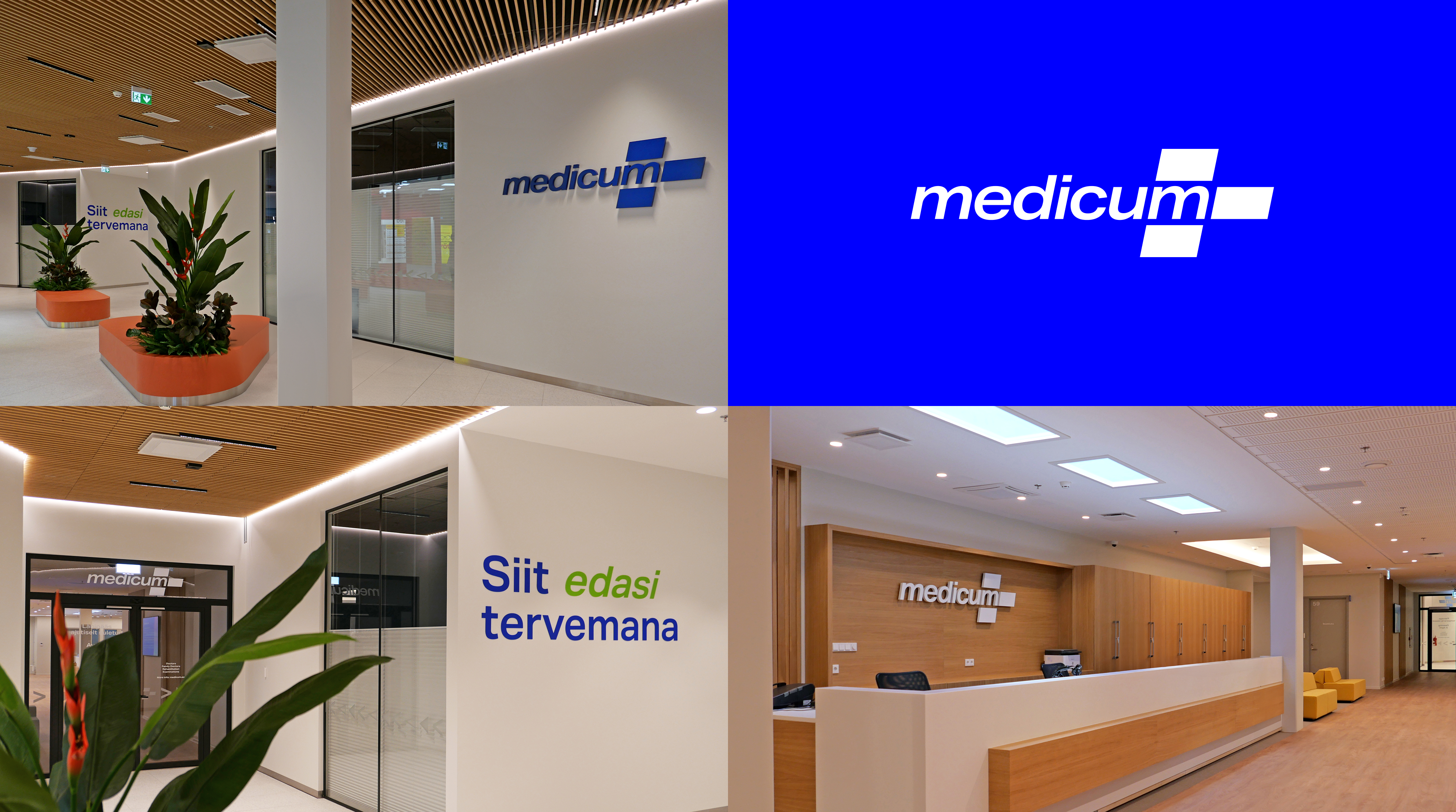 Medicum clinic interiors with branded signage, a reception desk and 'From here on, healthier' wall lettering
