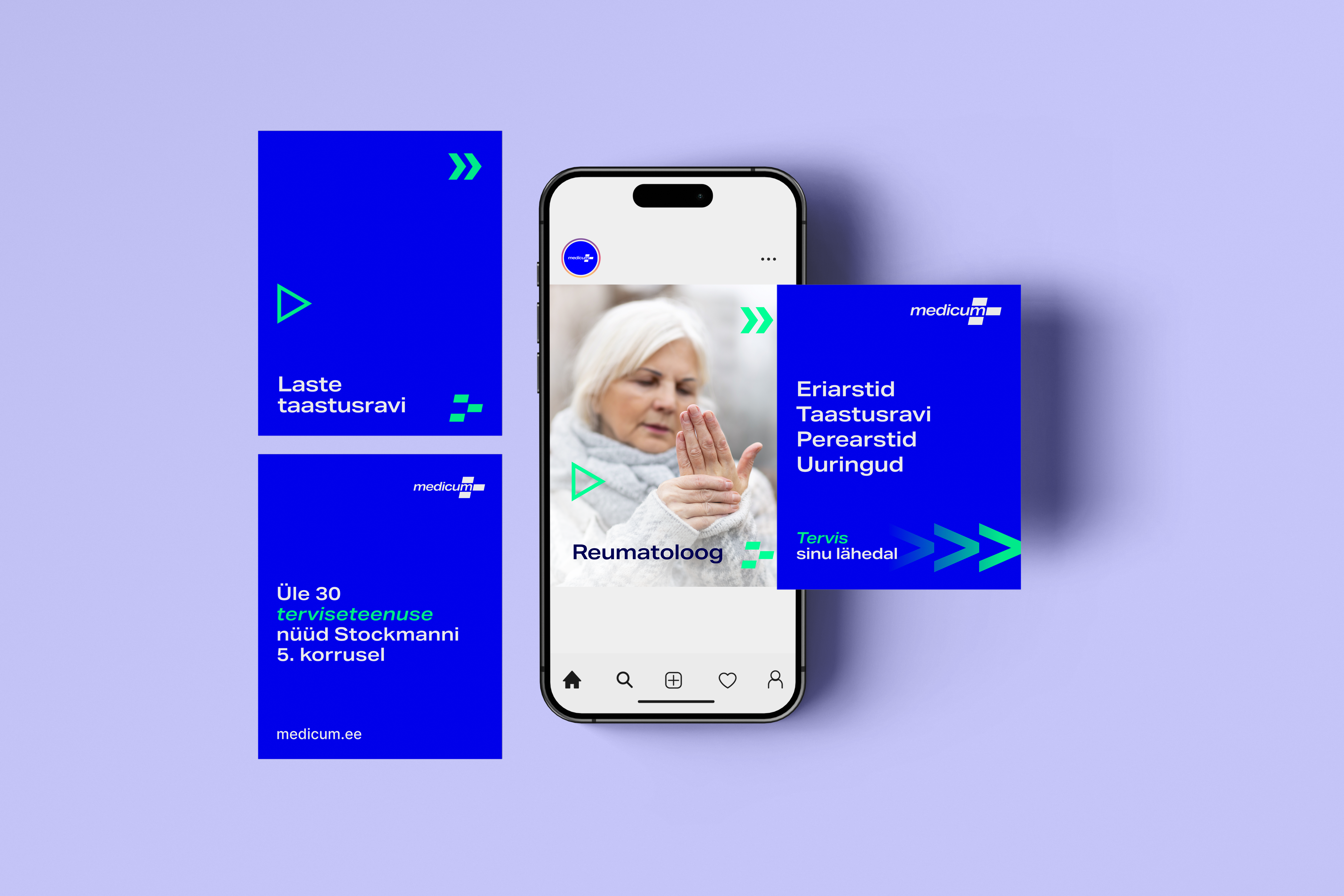 Medicum social media templates on a phone, showing service announcements in the new brand style