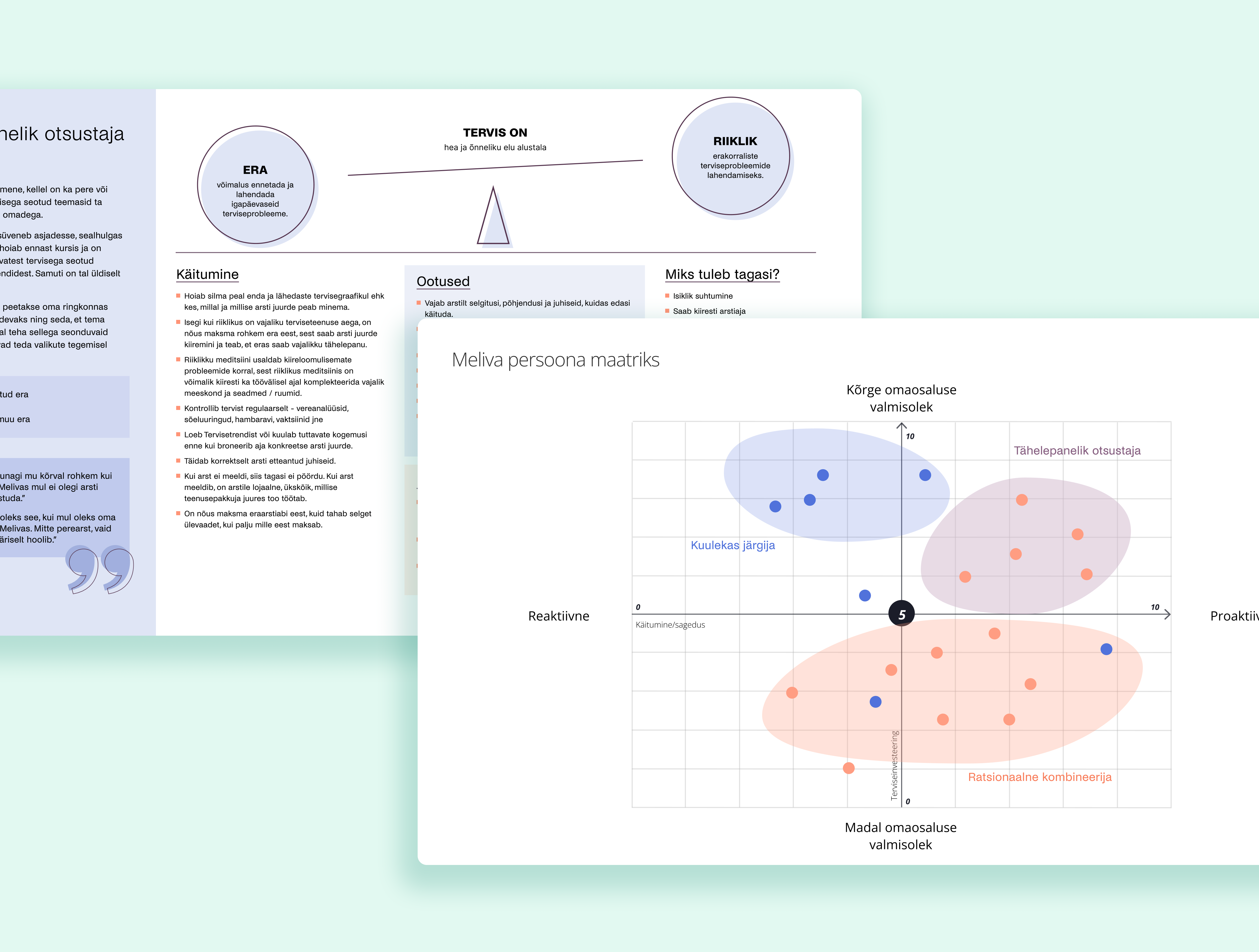 Meliva research artefacts including a persona matrix and behaviour notes