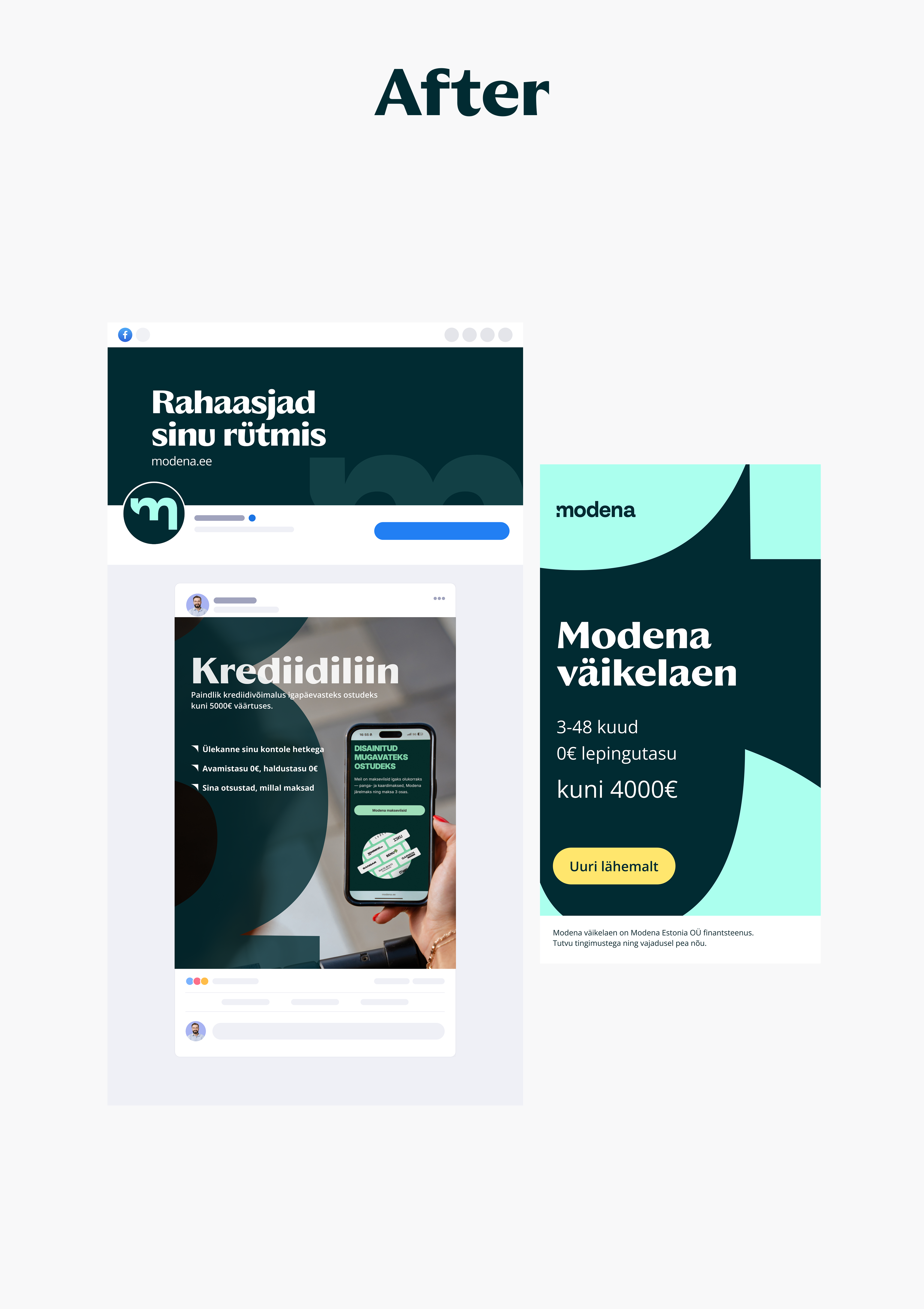 'After' — Modena's refreshed dark-green visual identity across ads and social