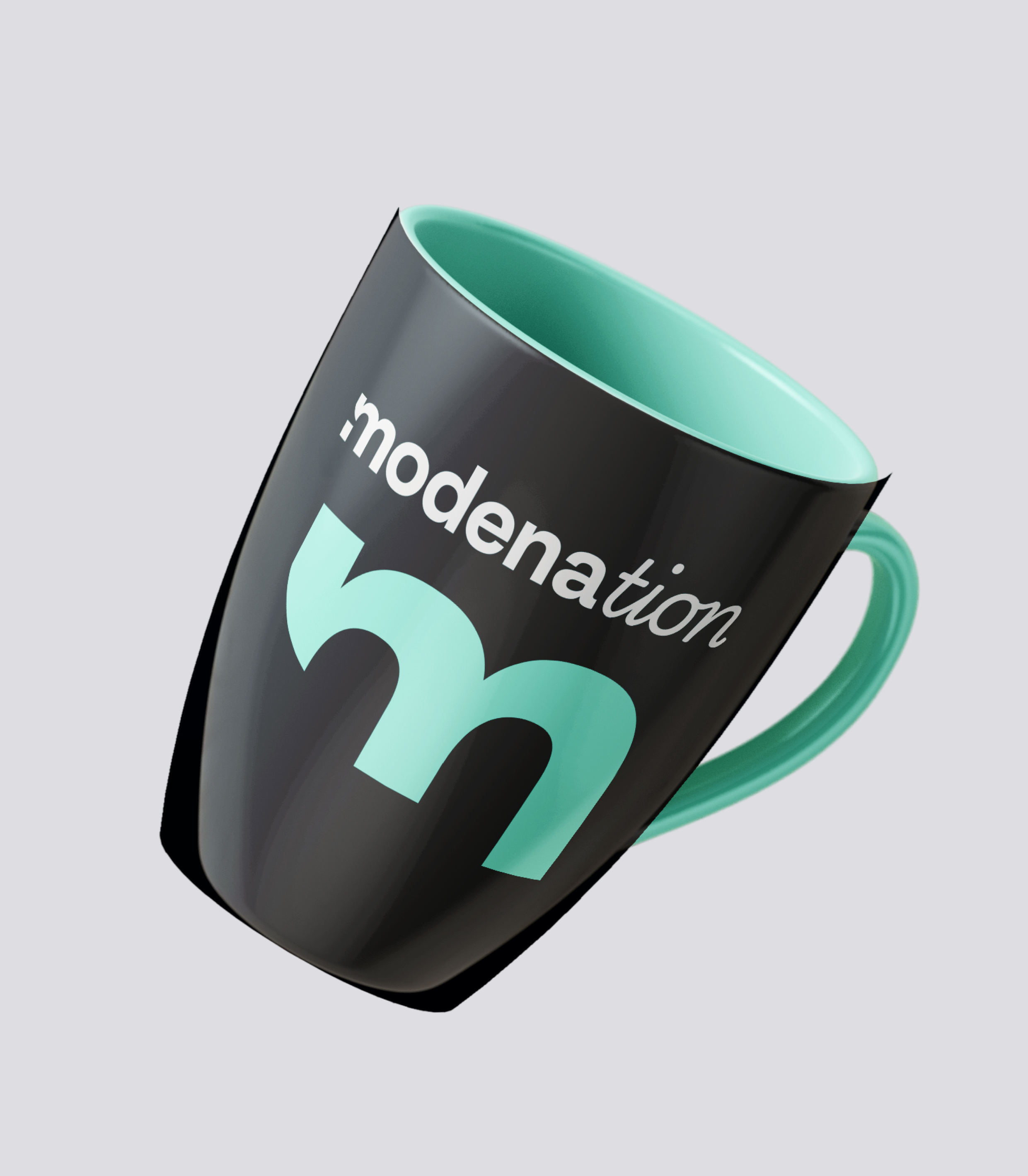 Black and mint Modena-branded mug with the 'modenation' logo