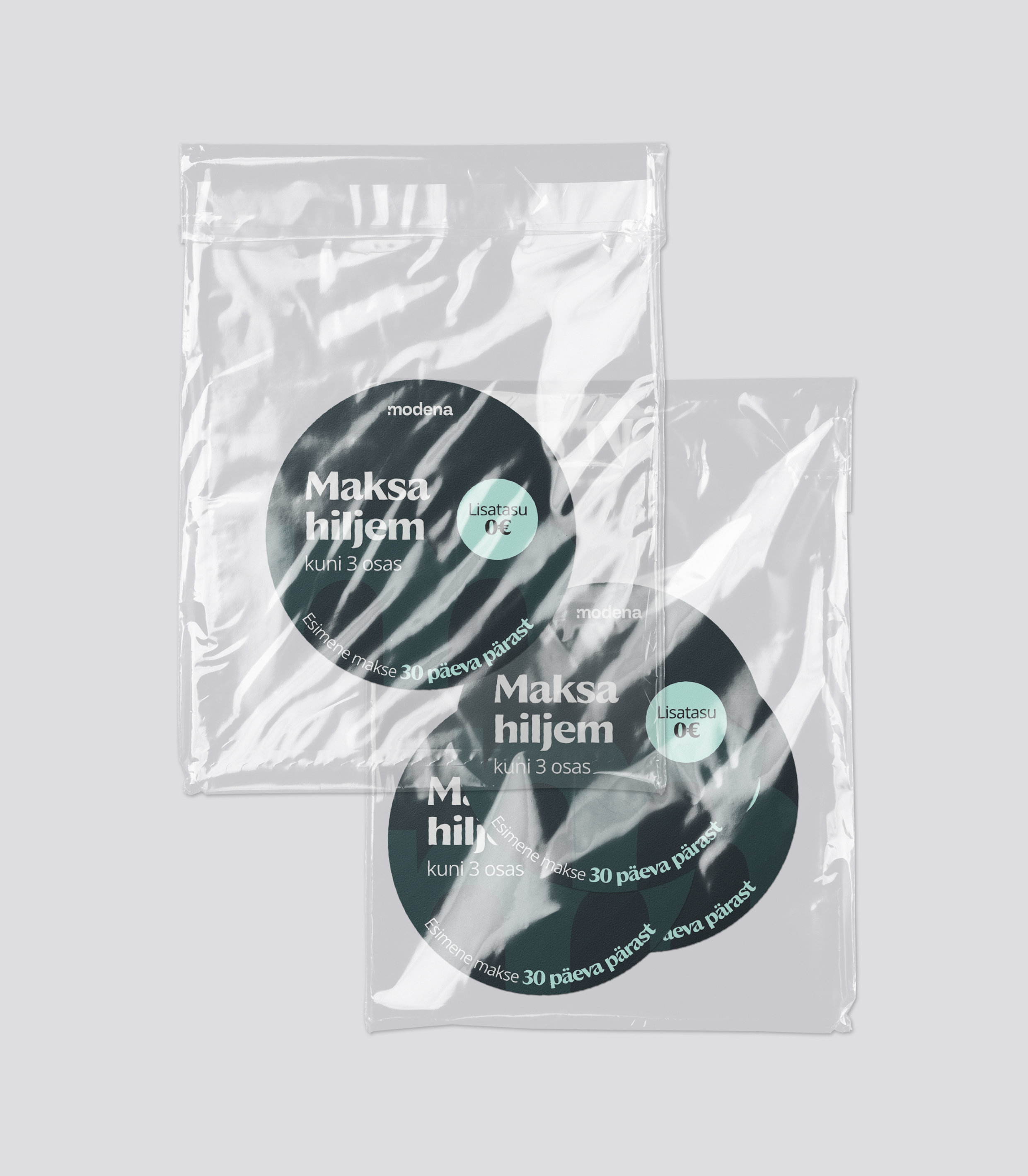 Modena-branded frosted packaging bags with 'Pay later in up to 3 parts' stickers