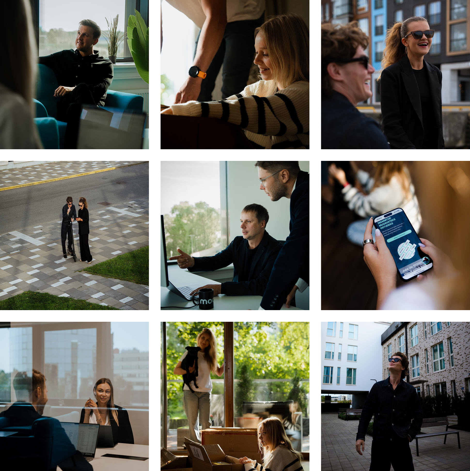 Grid of Modena brand photography — team, office and product moments