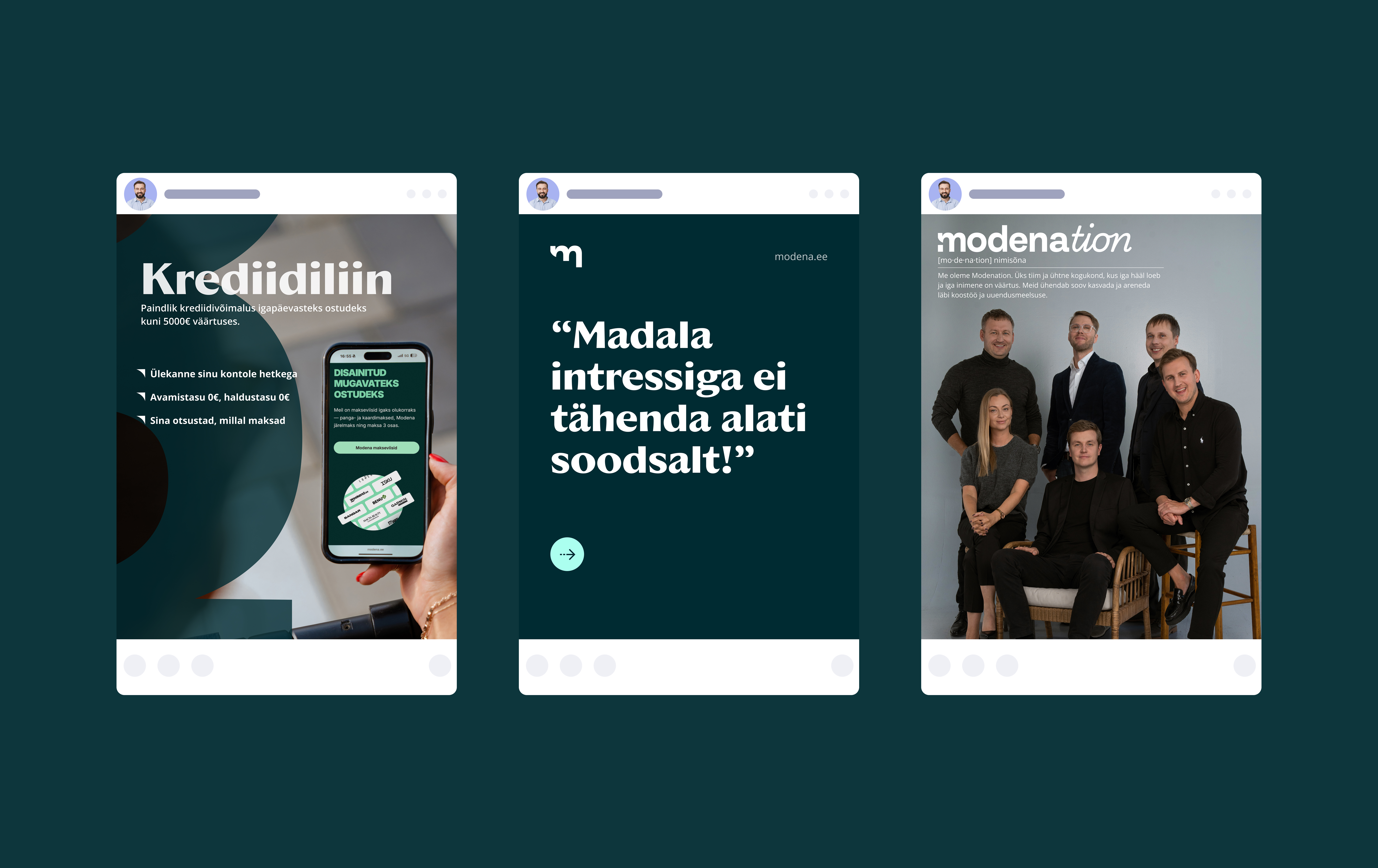 Three Modena Instagram stories — a credit-line promo, a quote and a team photo in the new brand