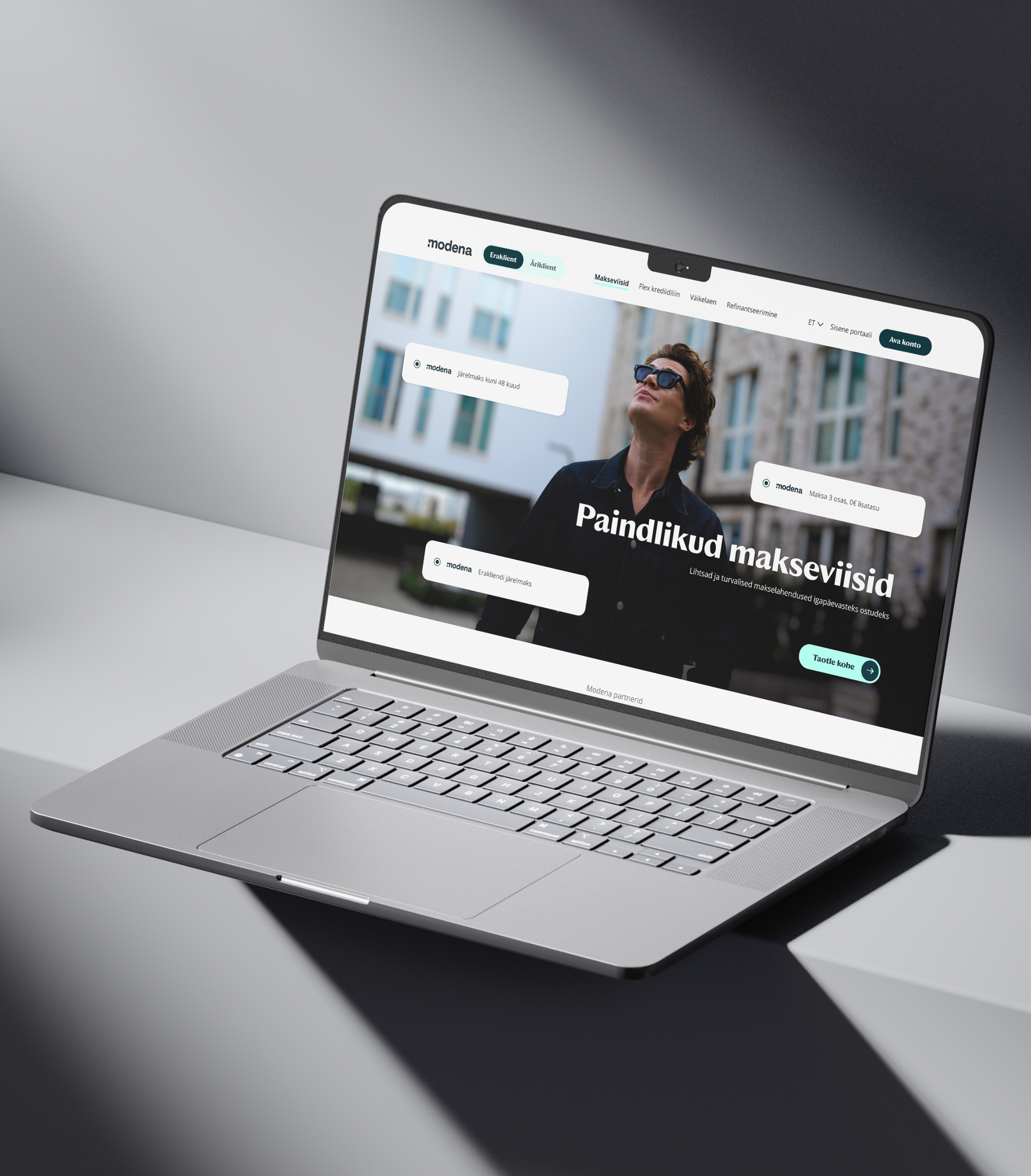 The new Modena website homepage on a laptop, headlined 'Flexible payment methods'
