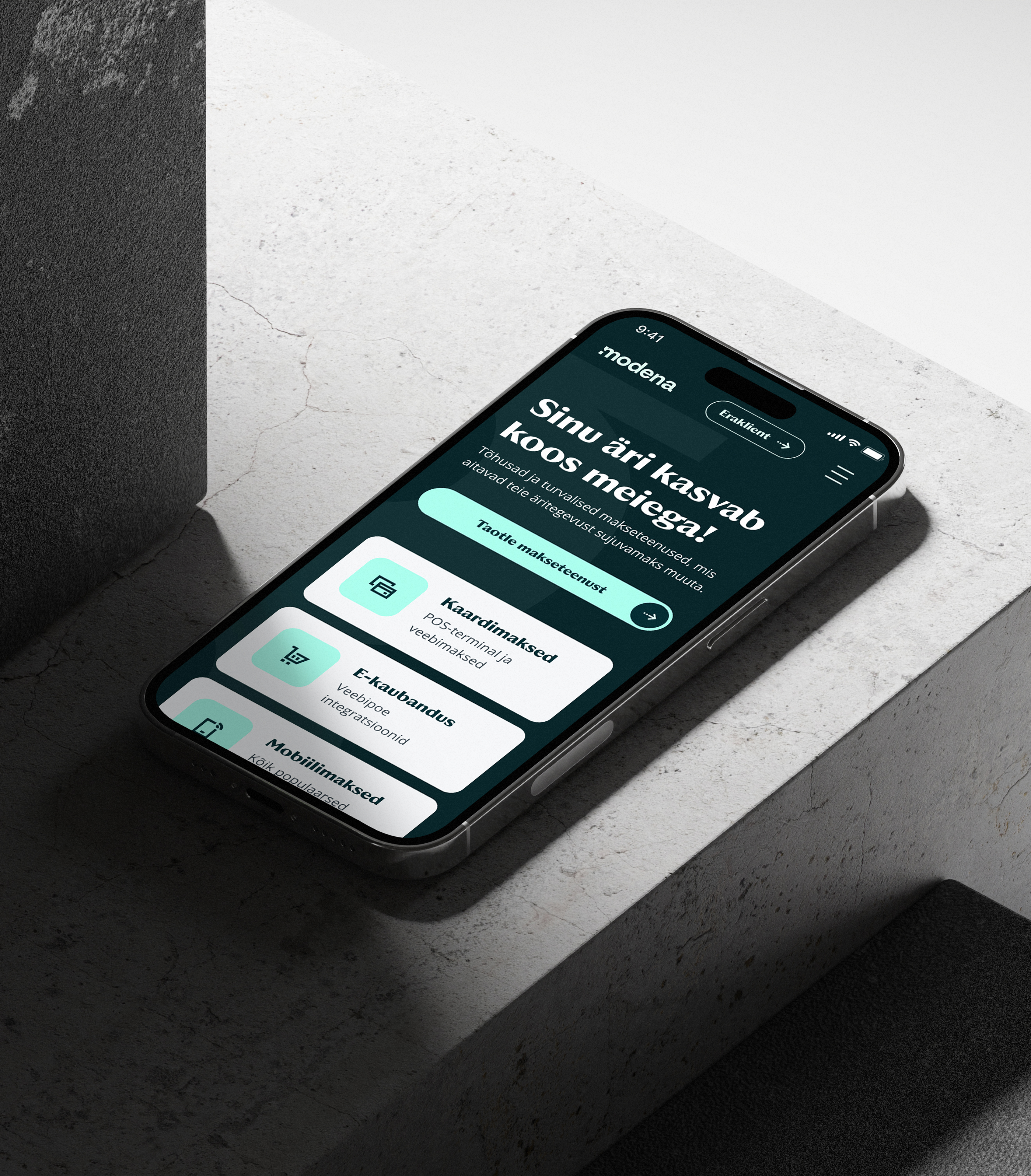The Modena website on a phone, headlined 'Your business grows with us', with payment options