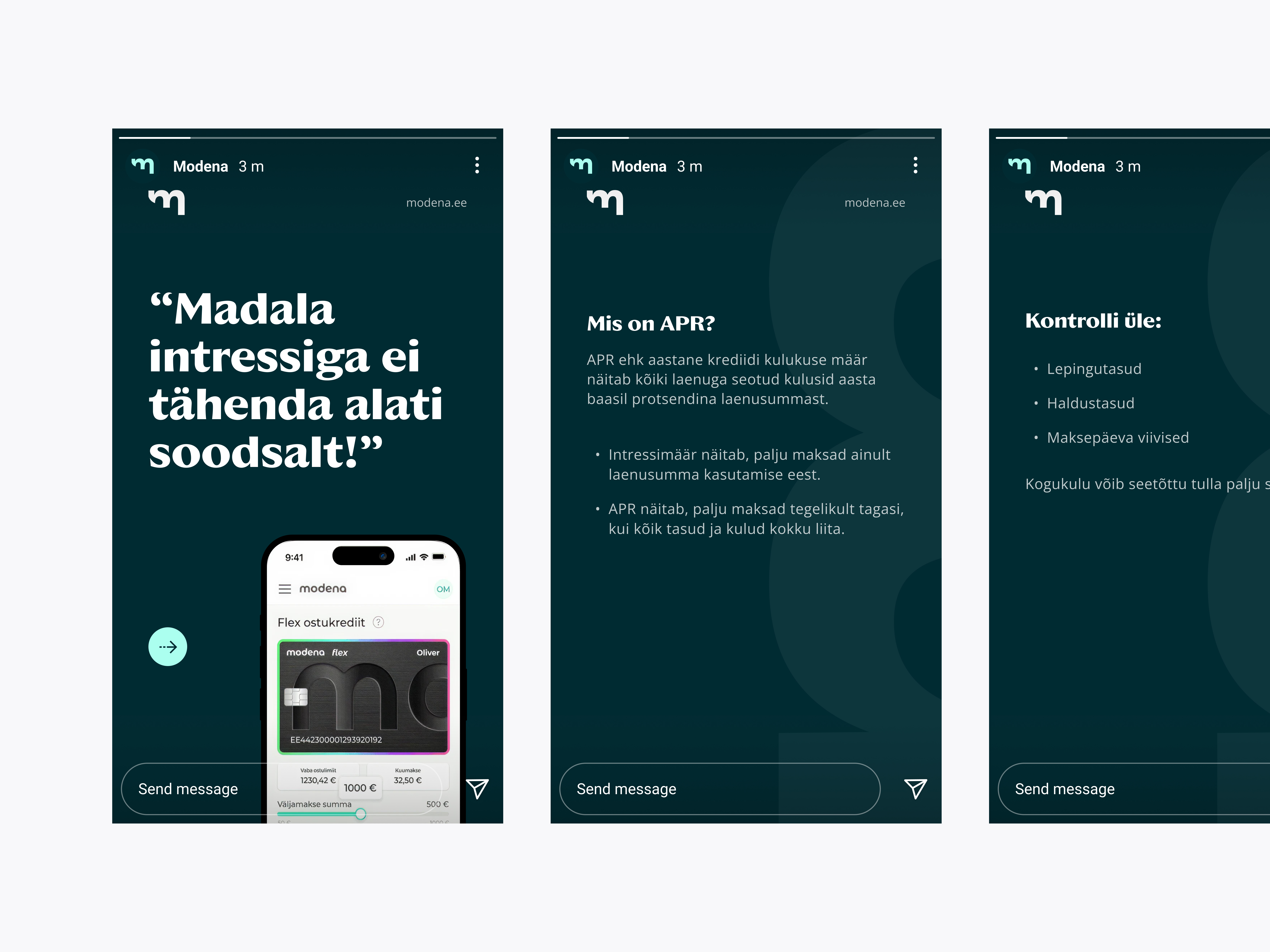 Modena Instagram stories explaining loan interest and APR in the new brand style