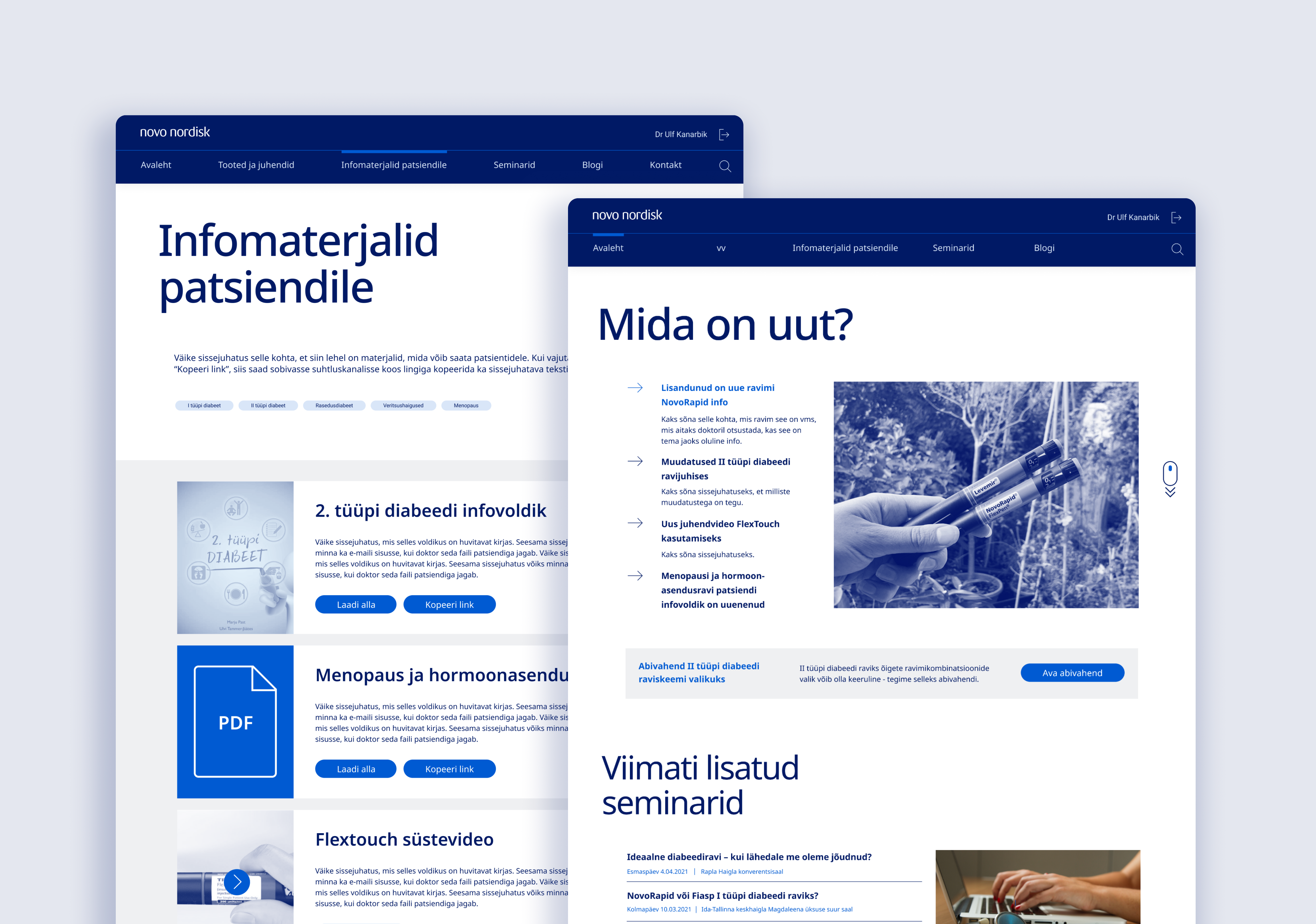 Novo Nordisk portal pages with patient information materials and updates