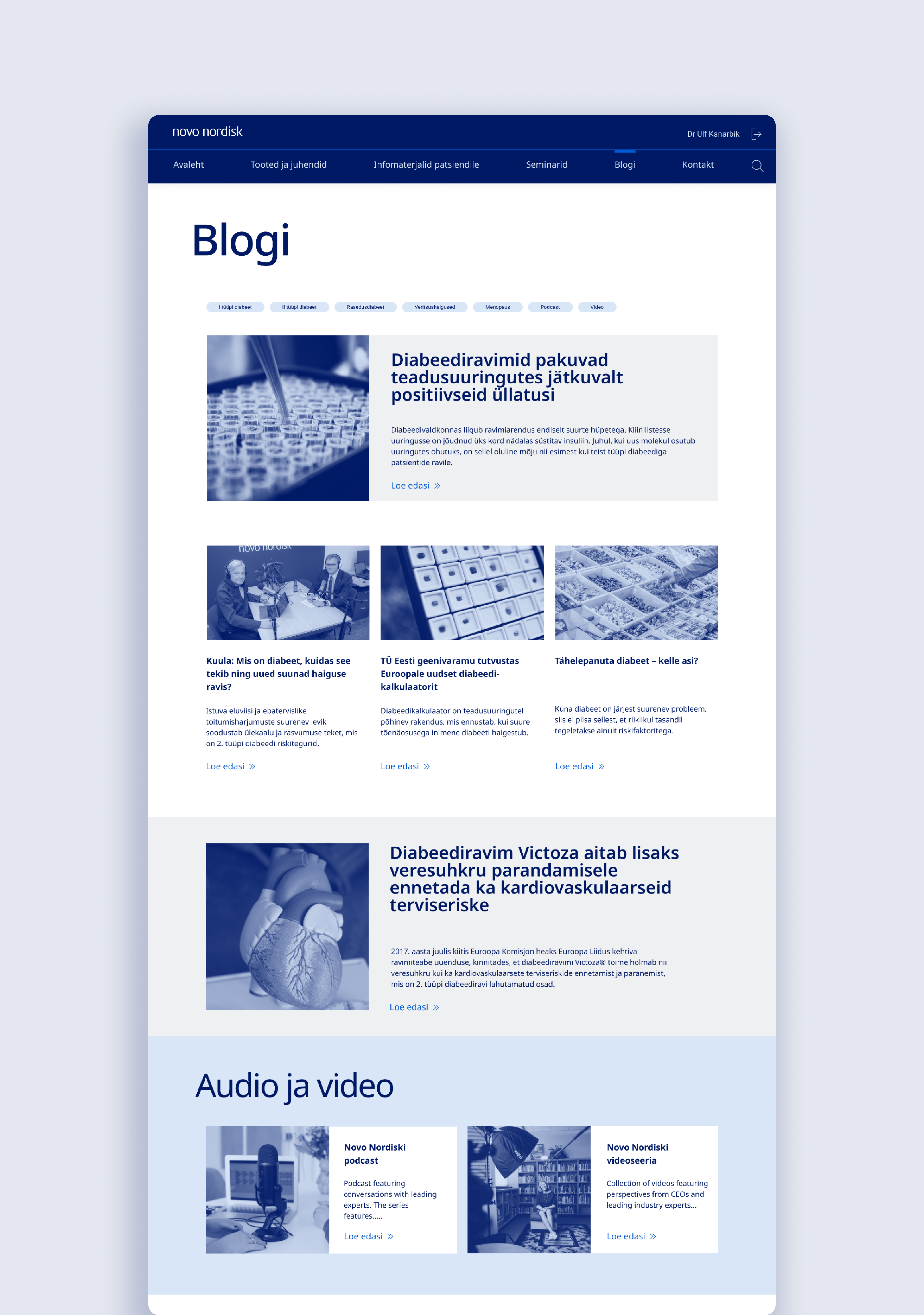 The Novo Nordisk portal blog page with articles and an audio and video section