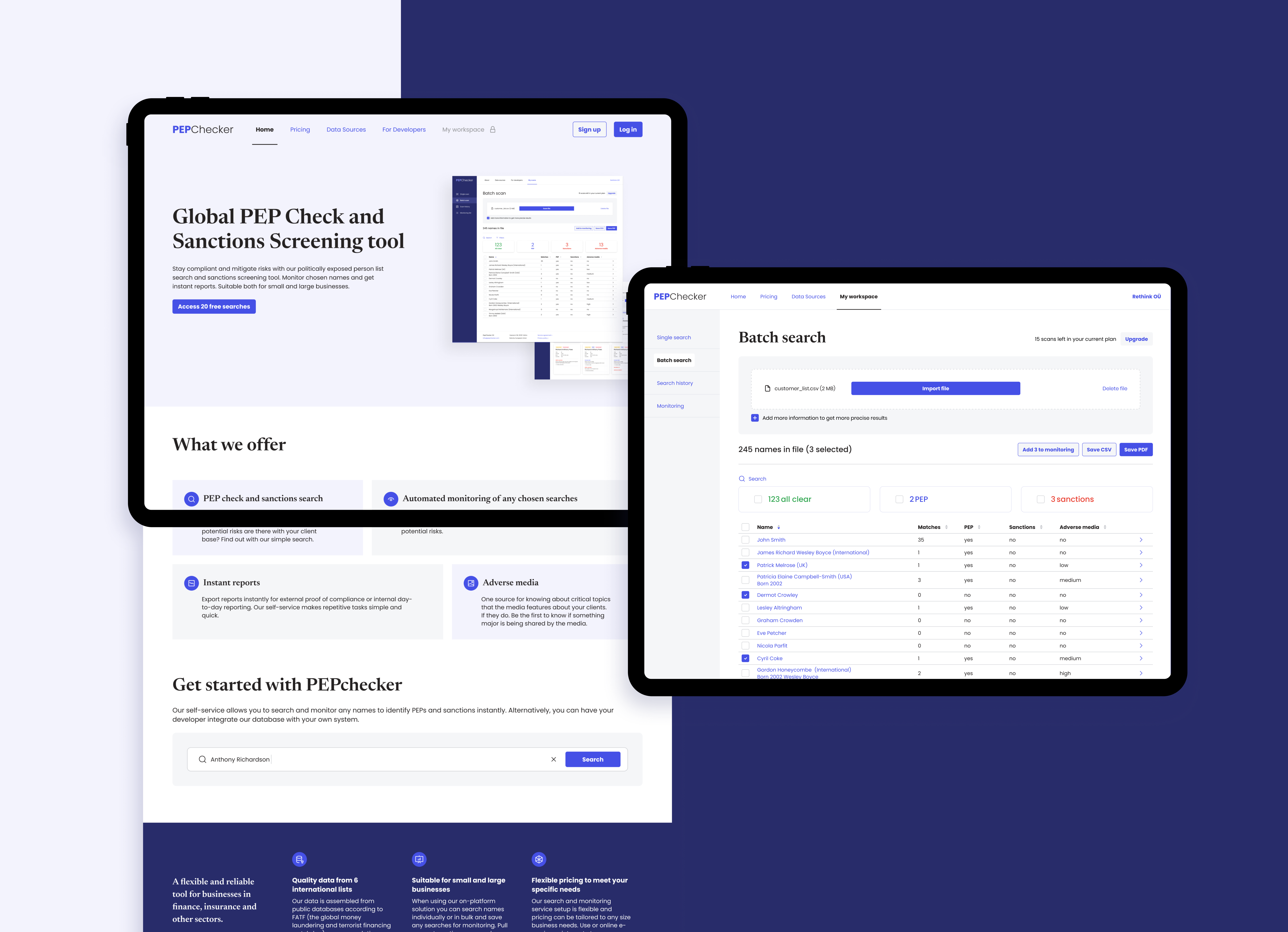 The PEPChecker website and batch-search tool shown on tablets