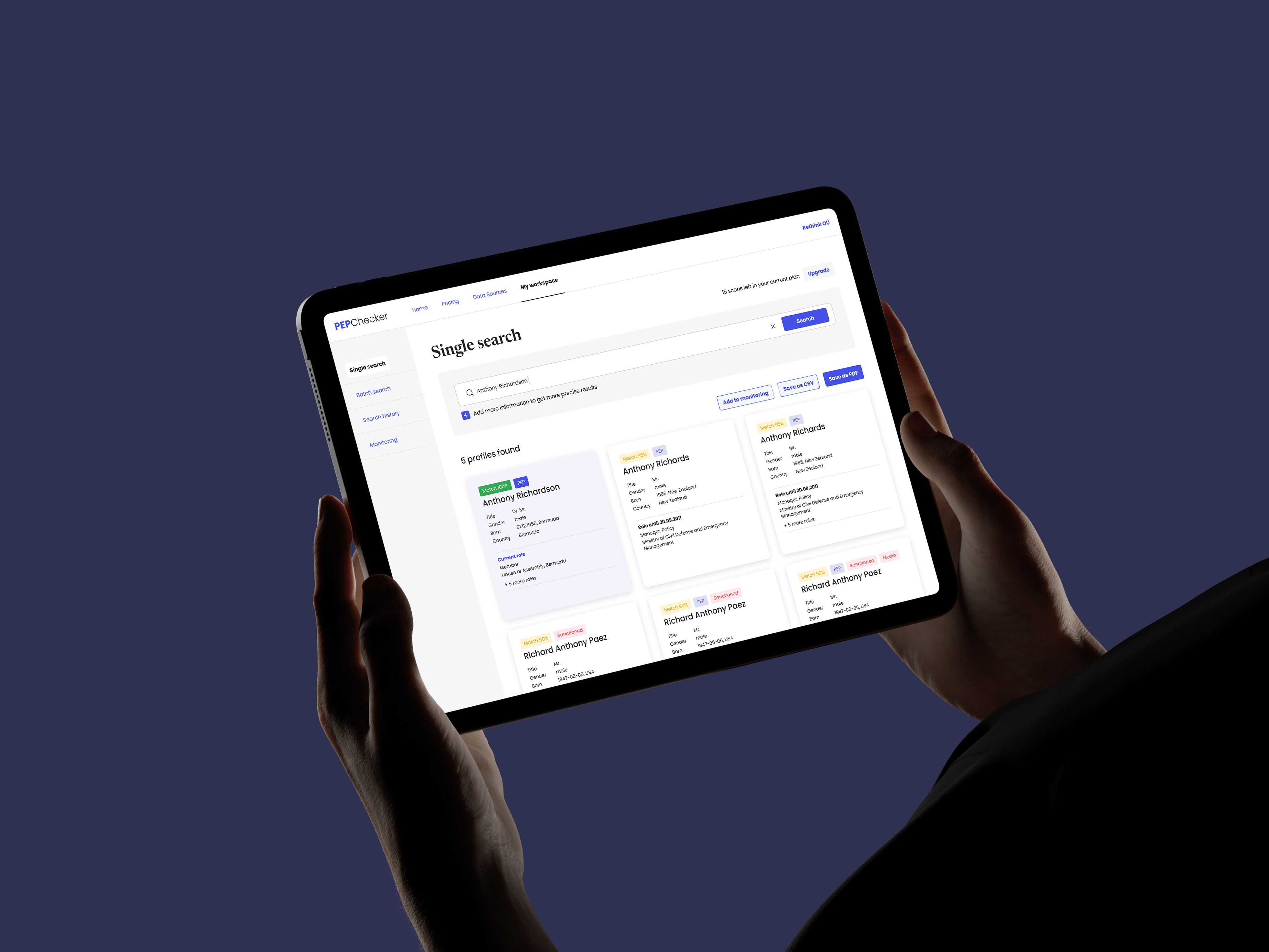 A tablet showing PEPChecker's single-search results screen