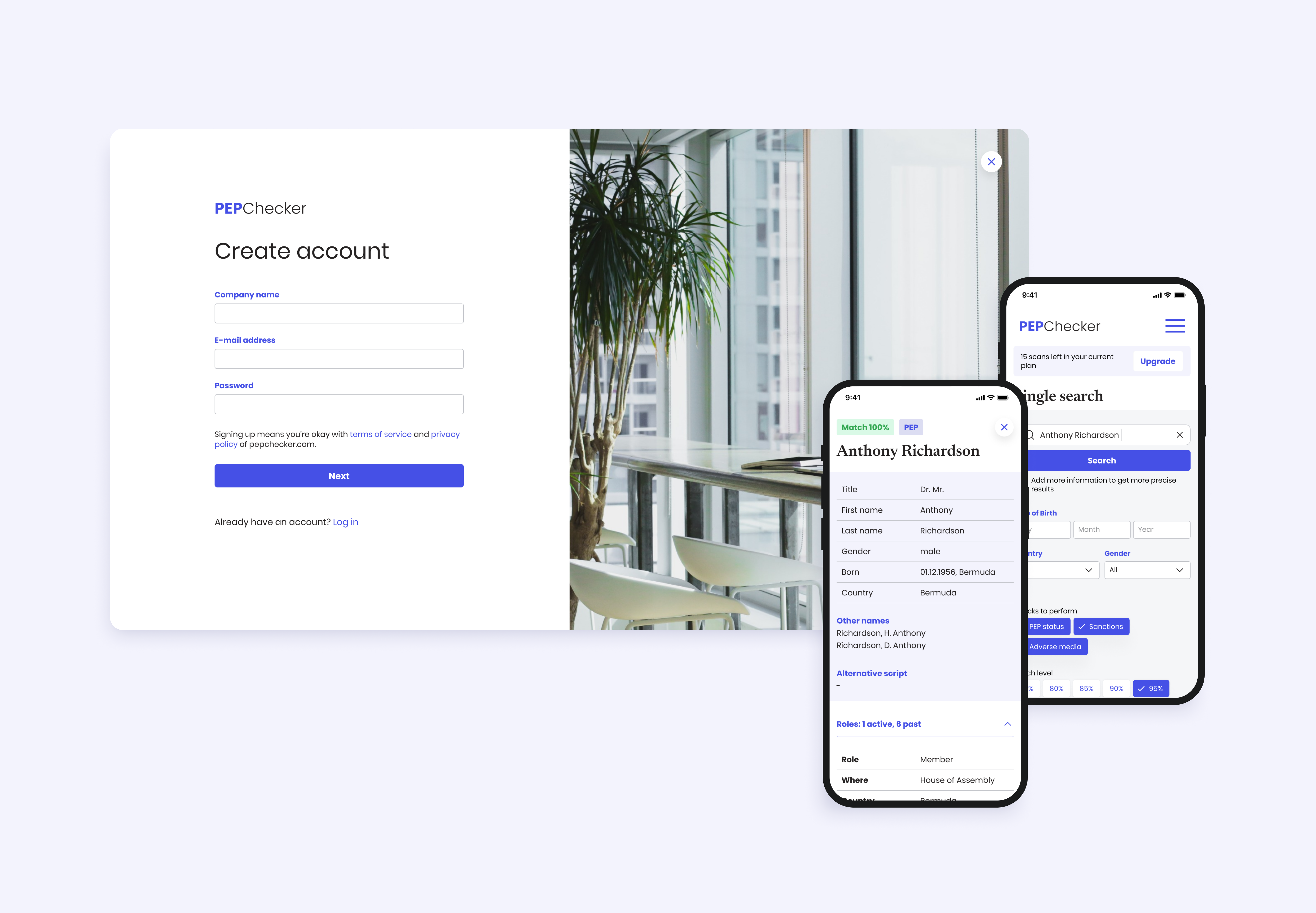 PEPChecker's create-account screen and the app on a phone