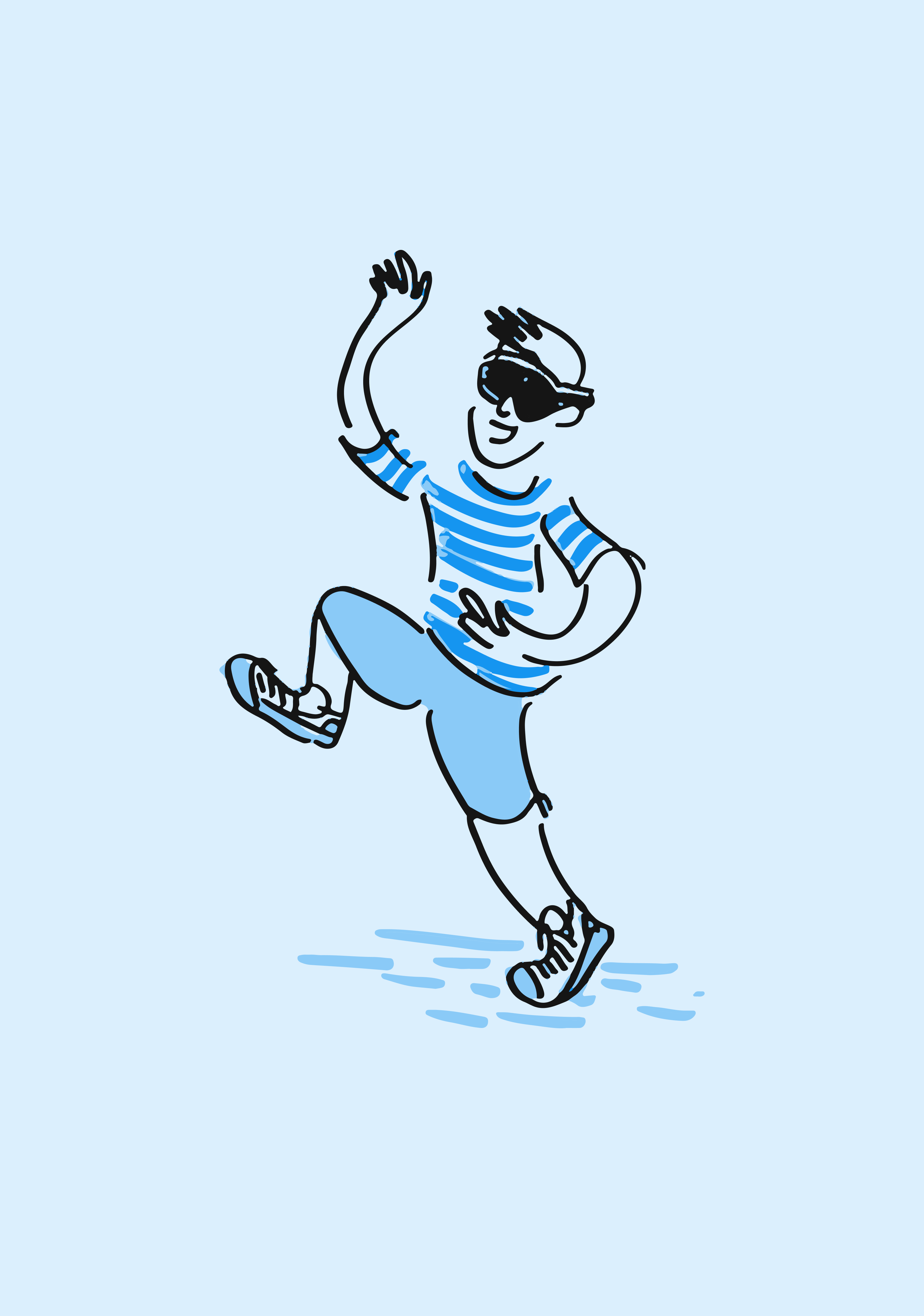 Hand-drawn illustration of a person dancing, in the centre's brand style