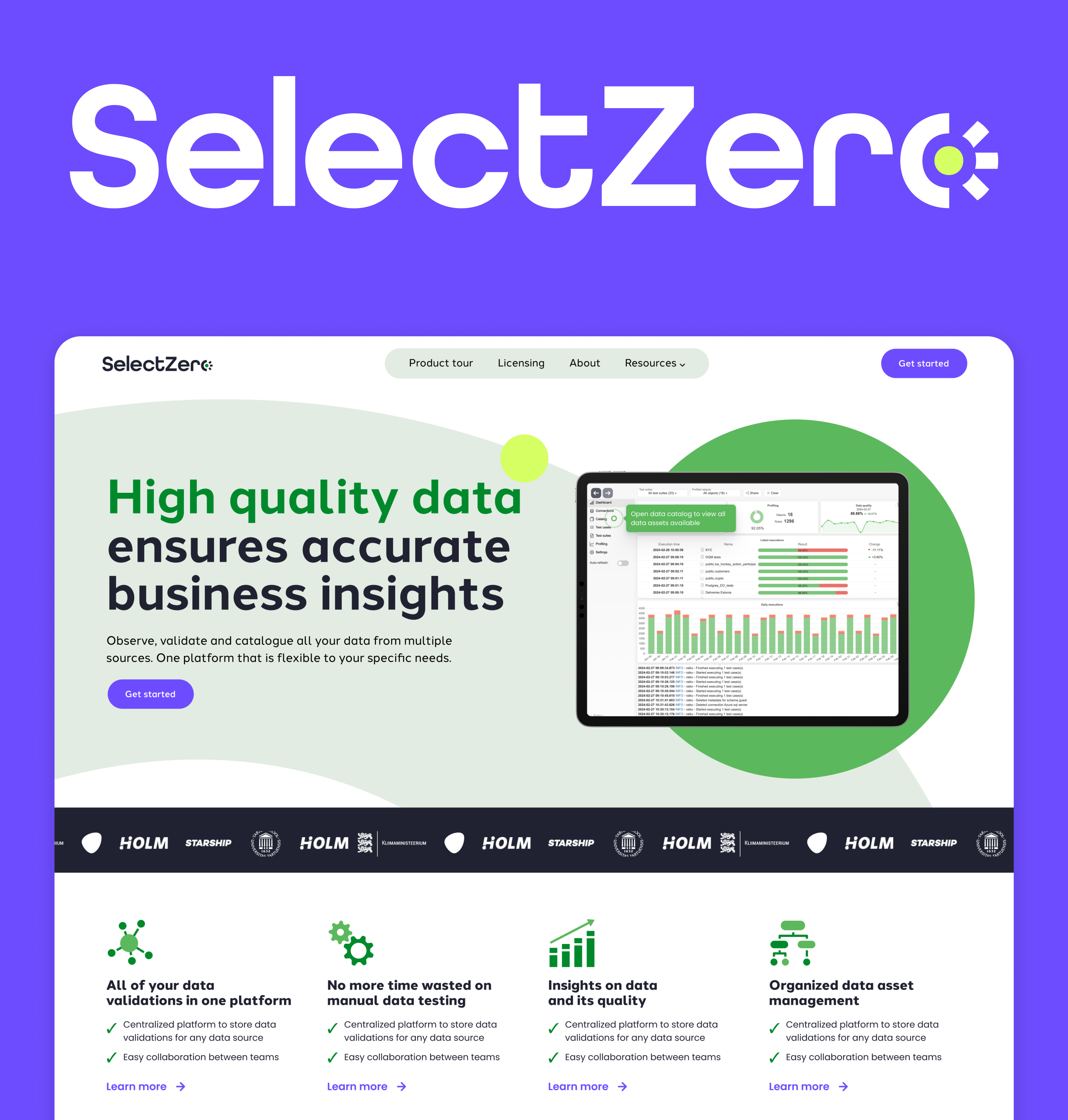 The SelectZero website homepage — 'High quality data ensures accurate business insights'