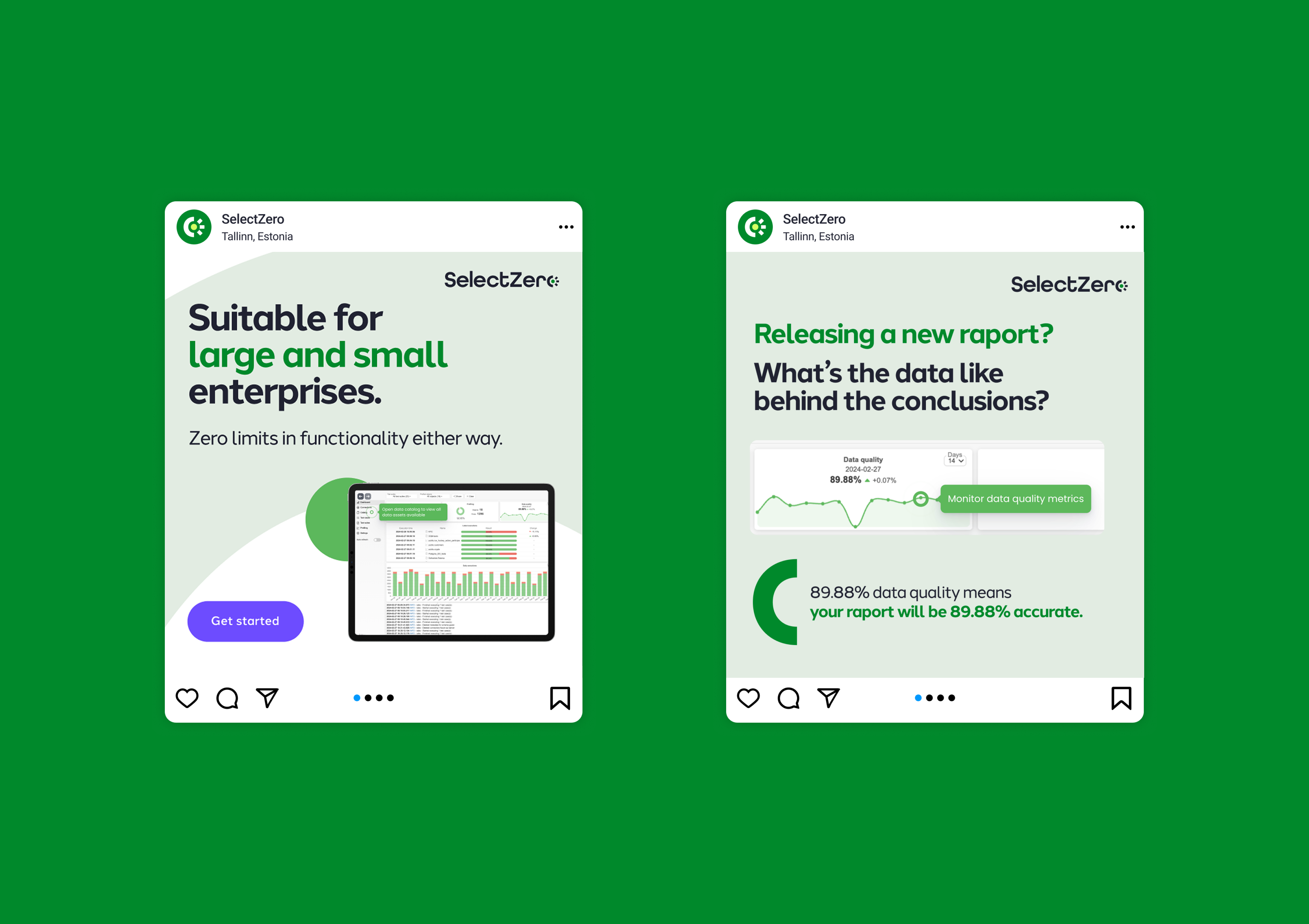 Two SelectZero Instagram posts about data quality and accuracy