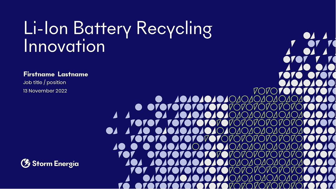 Storm Energia presentation title slide — 'Li-Ion Battery Recycling Innovation'