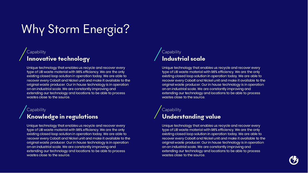 'Why Storm Energia?' slide listing the company's capabilities