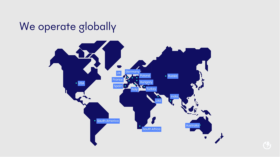 'We operate globally' slide with a world map of Storm Energia's markets