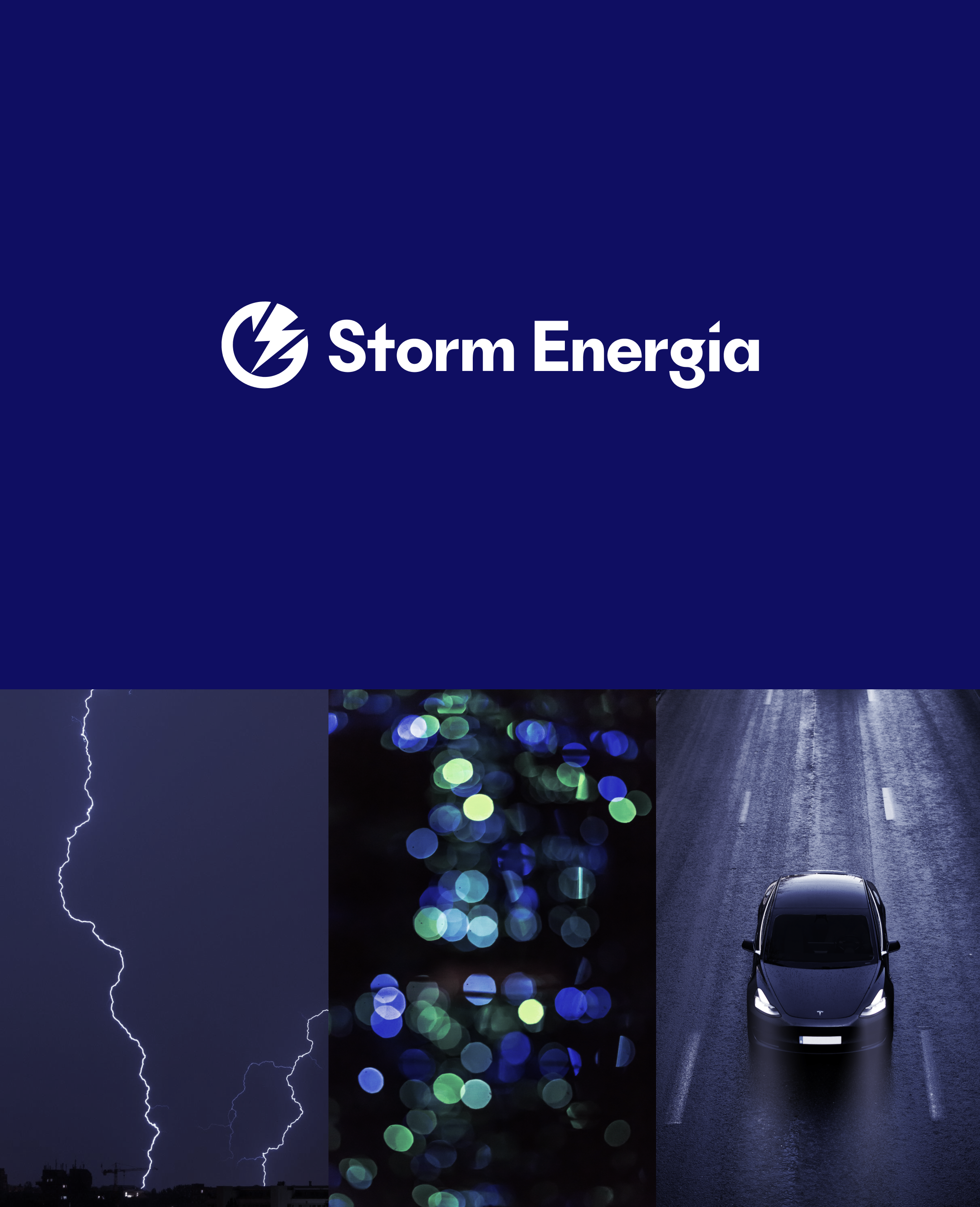 Storm Energia logo above three images — lightning, city lights and an electric car