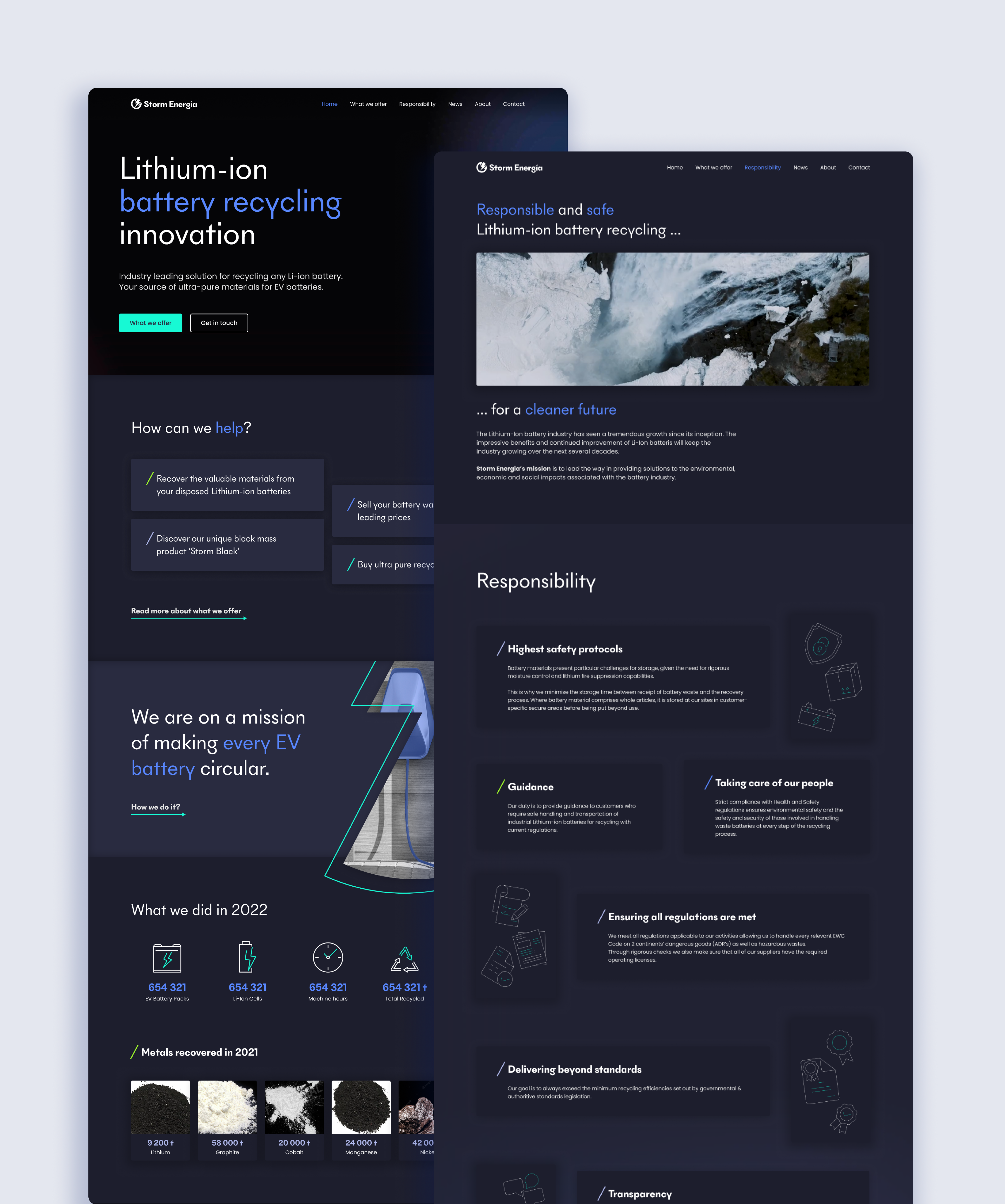 Pages from the new Storm Energia website shown on desktop
