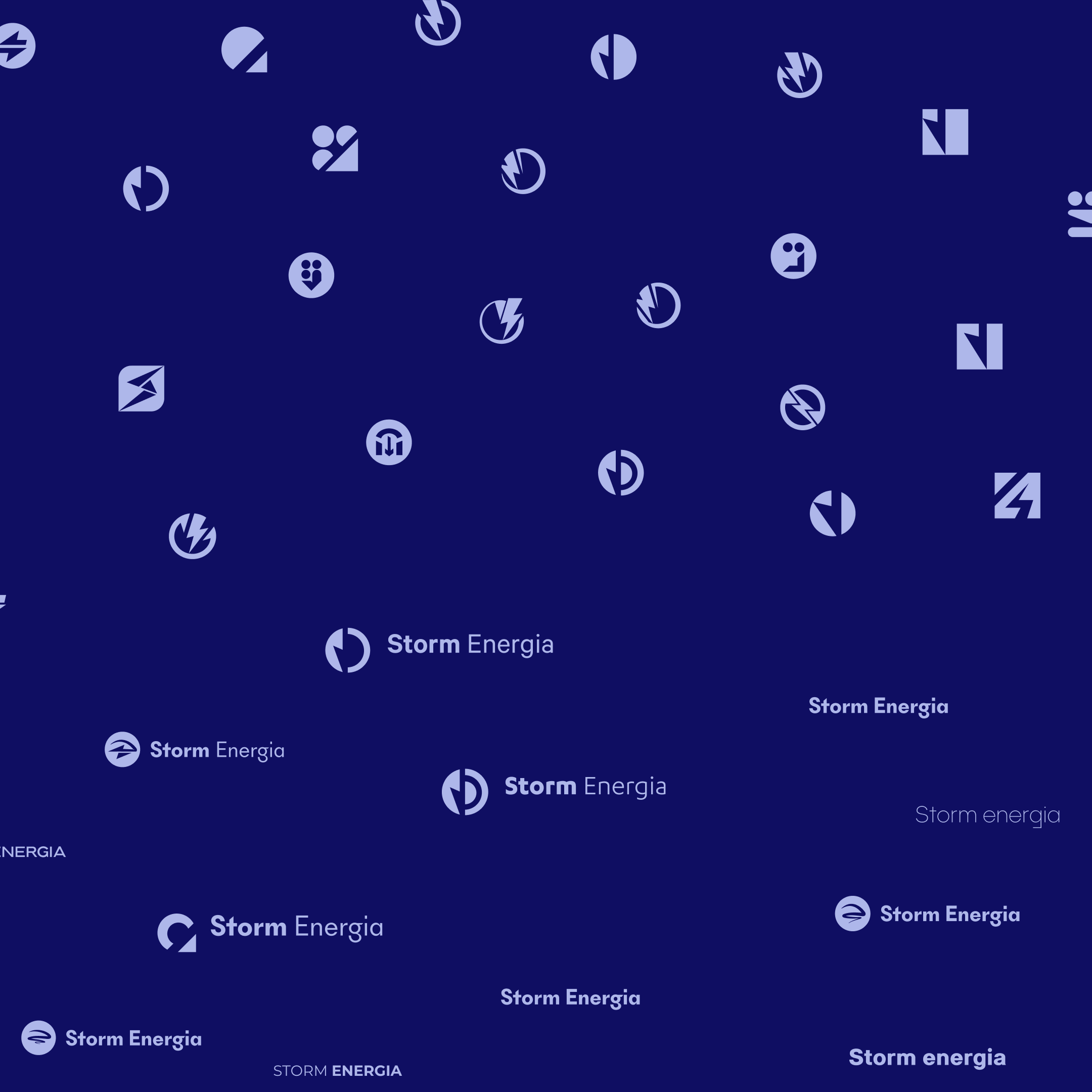Storm Energia brand pattern with icon marks and logo variations on navy