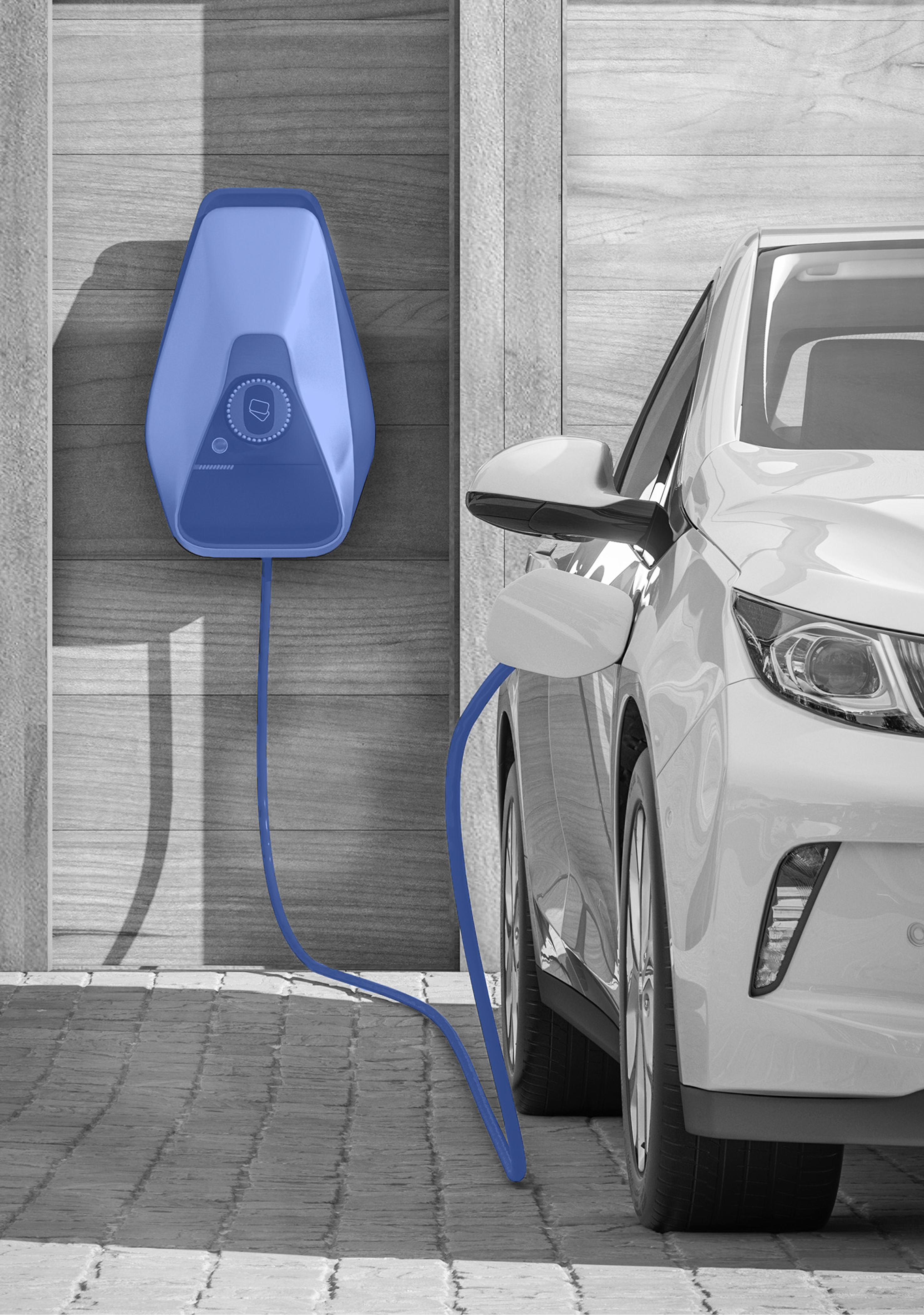 An electric car charging at a home wall charger, in Storm Energia's brand colours
