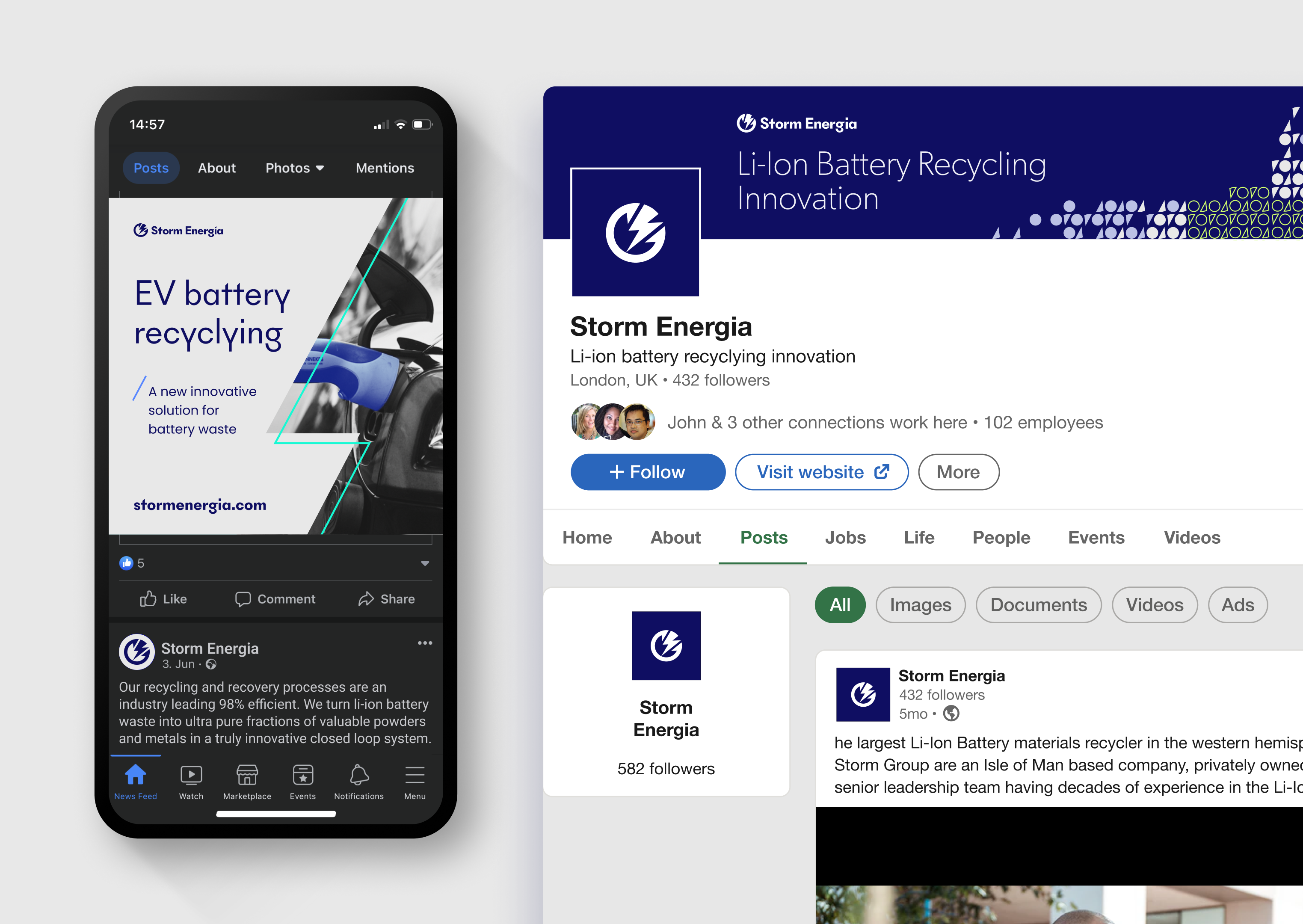 Storm Energia's LinkedIn company page shown on phone and desktop