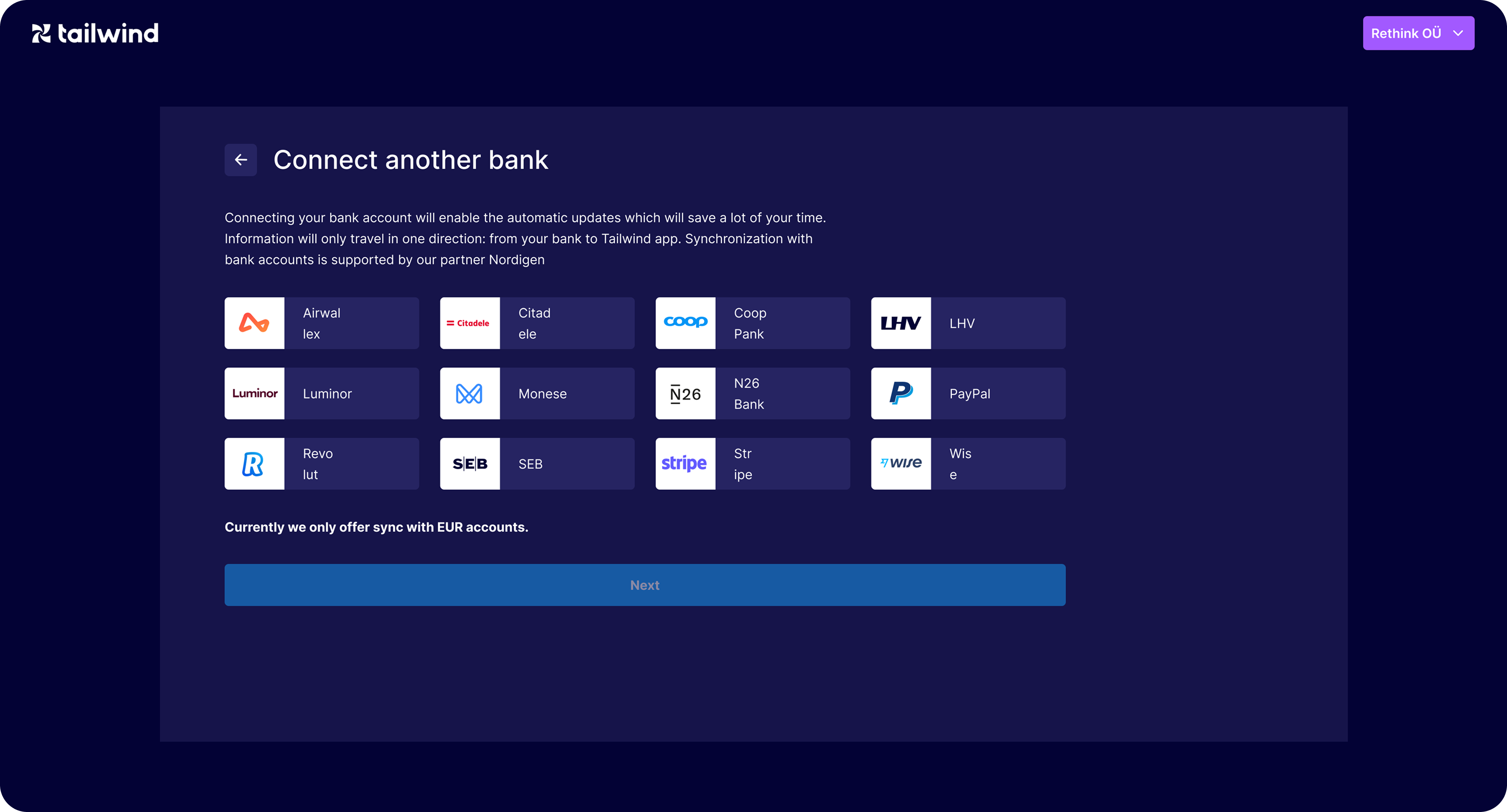 Tailwind 'Connect another bank' settings with a grid of supported banks