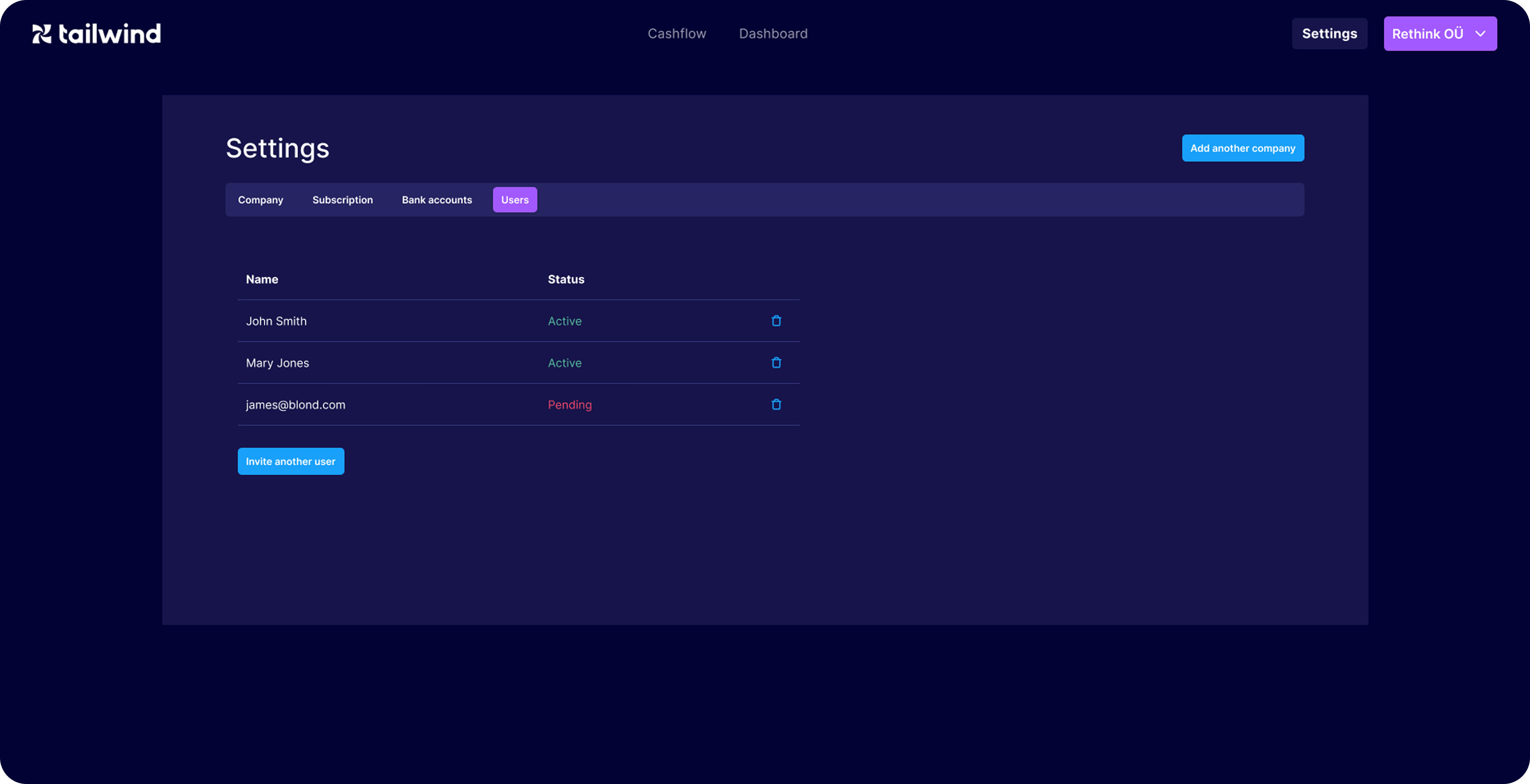 Tailwind Settings — the Users list with active and pending members