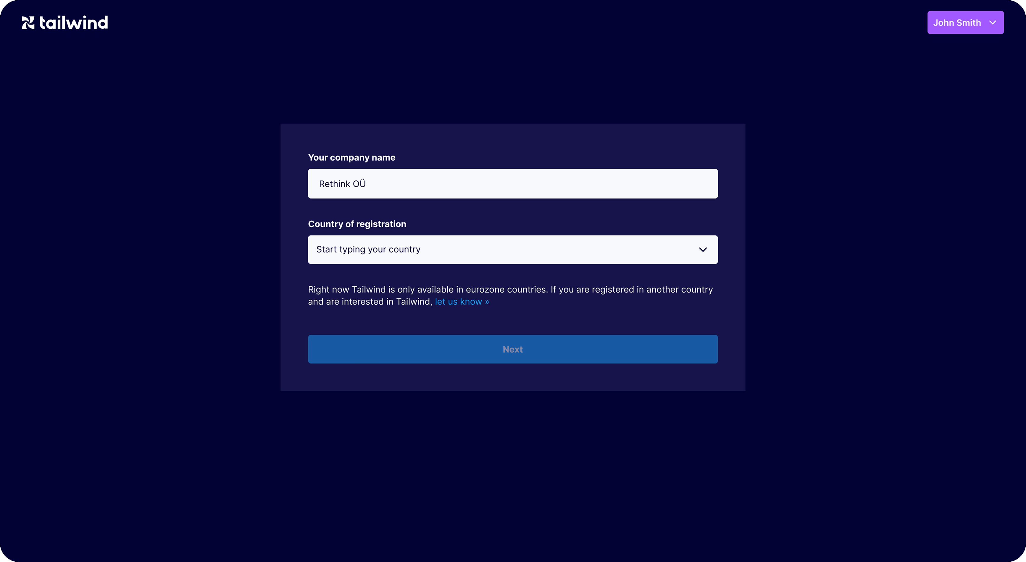 Tailwind onboarding step asking for company name and country of registration