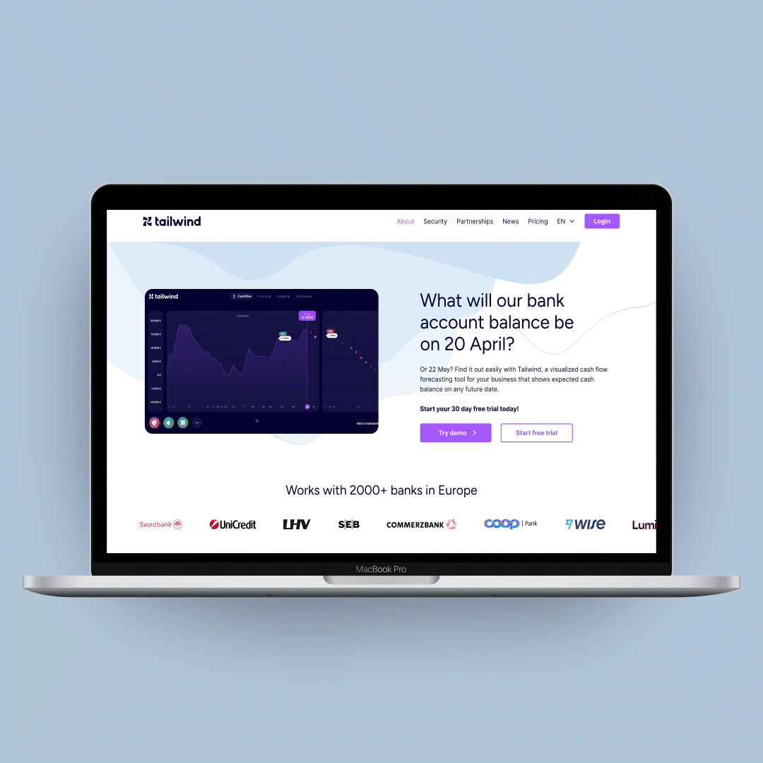 Animated Tailwind marketing site on a laptop — 'What will our bank account balance be on 20 April?'