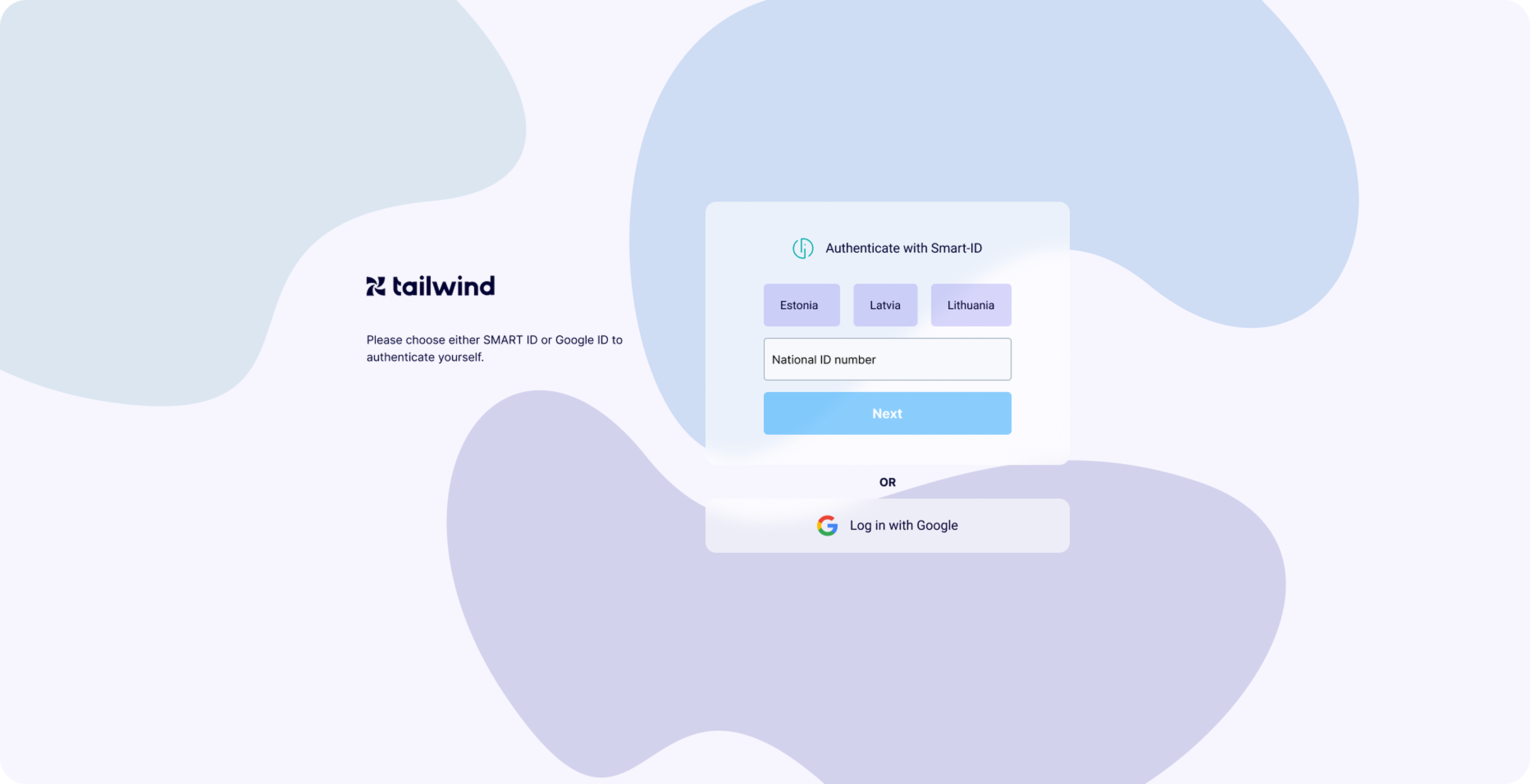 Tailwind login screen with Smart-ID and Google authentication options