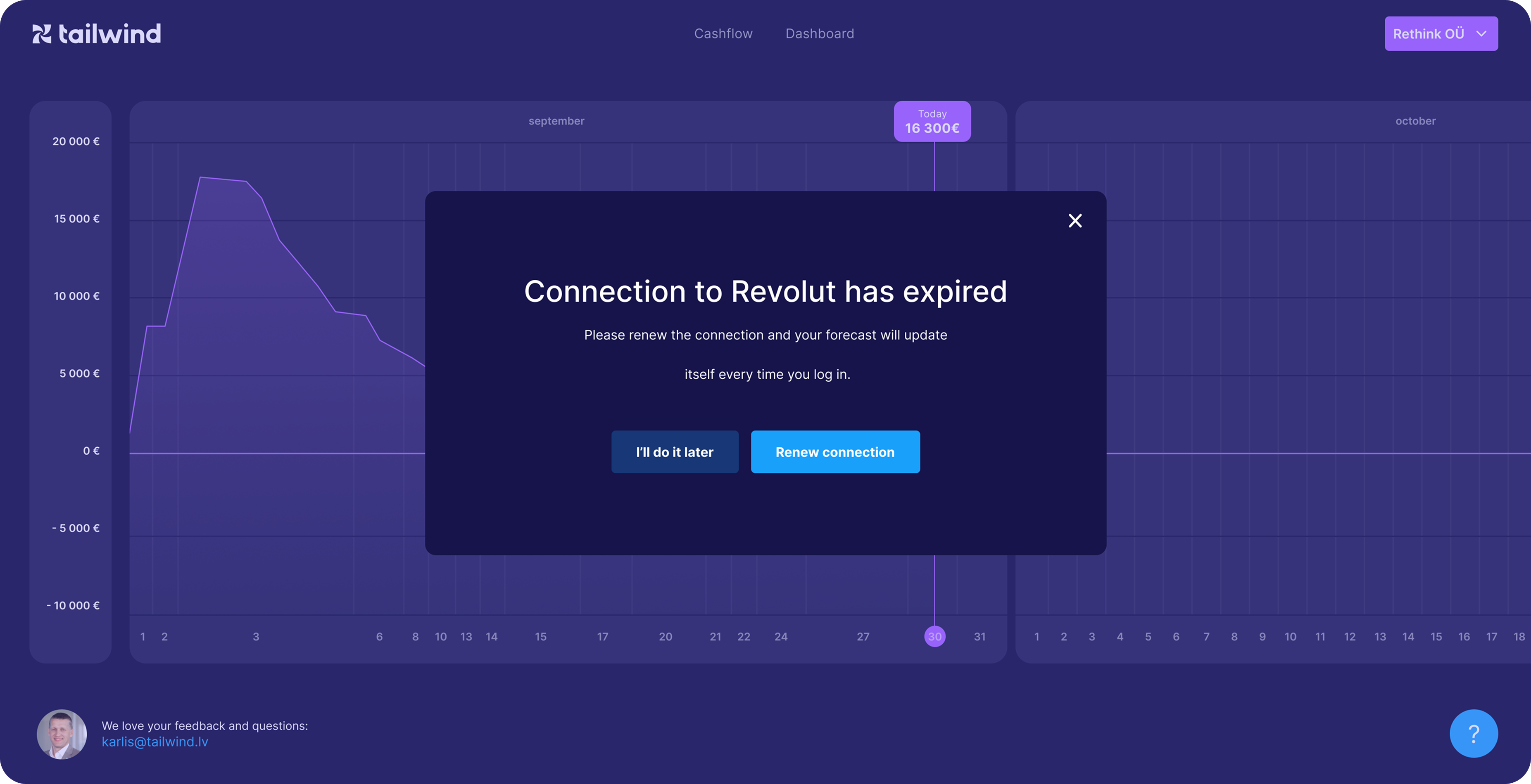 Tailwind app showing a 'Connection to Revolut has expired' renewal dialog