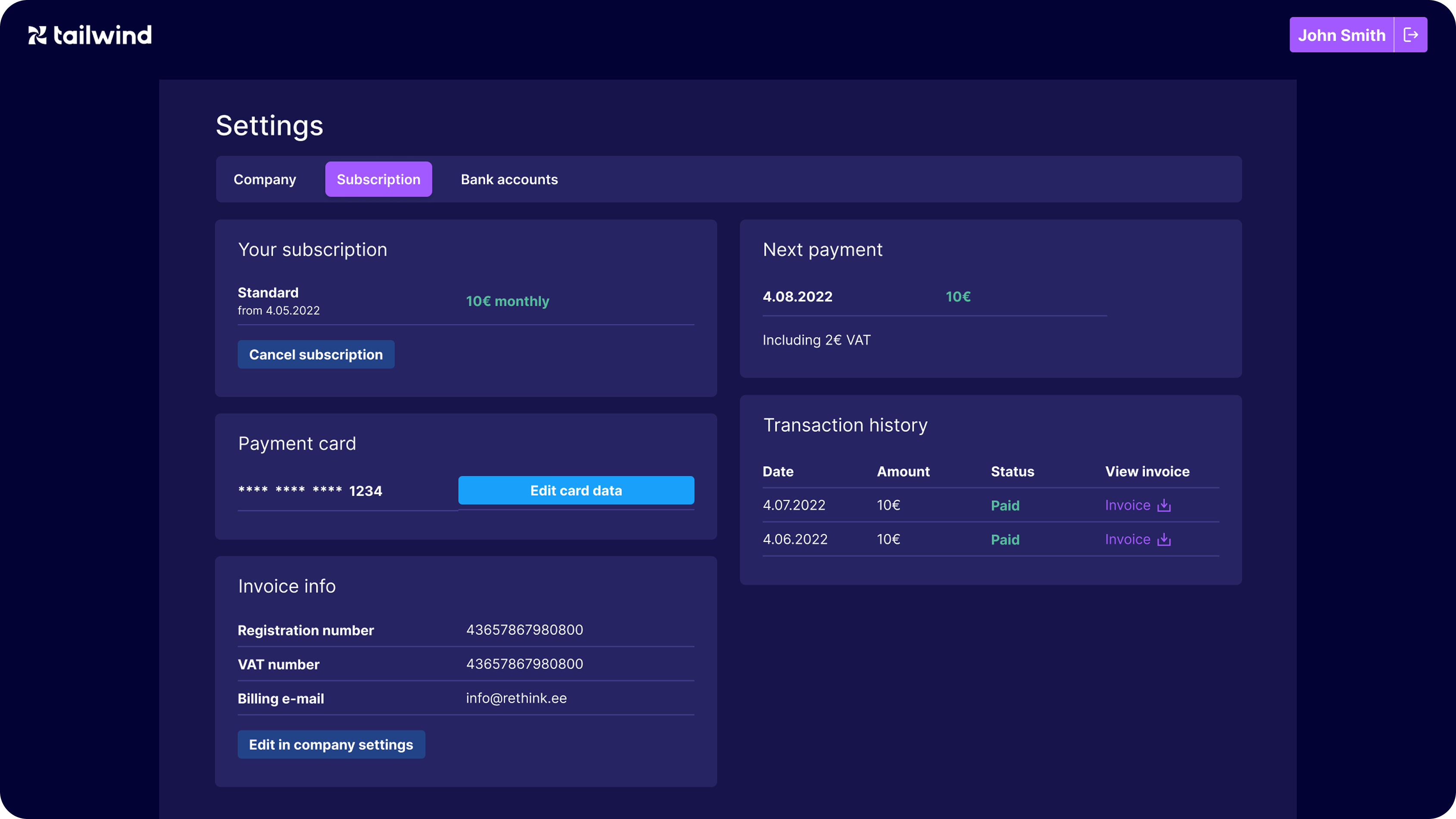 Tailwind Settings — the Subscription and payment screen