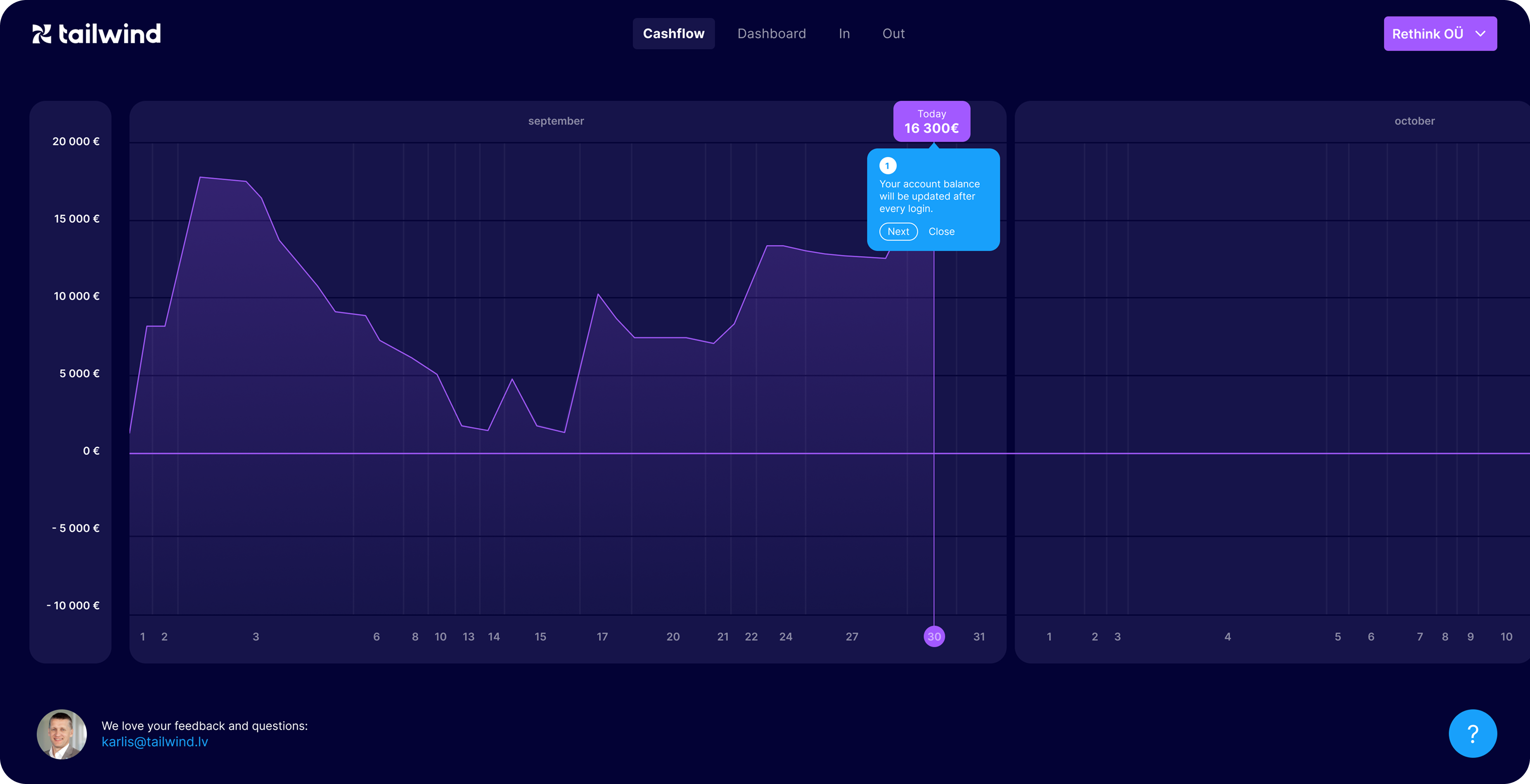 Tailwind cash-flow view with an onboarding tooltip