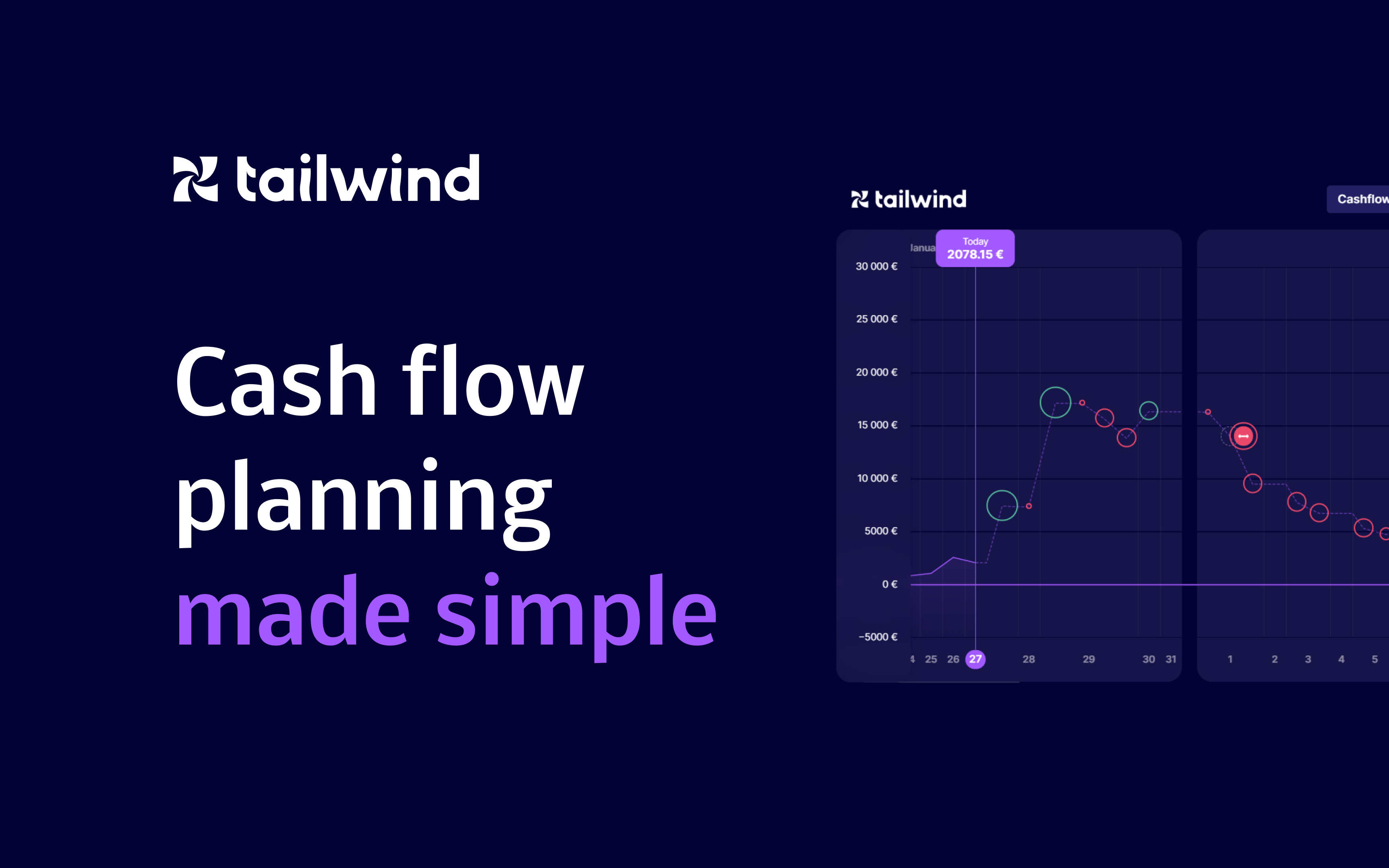 Tailwind brand banner — 'Cash flow planning made simple' beside a cash-flow chart