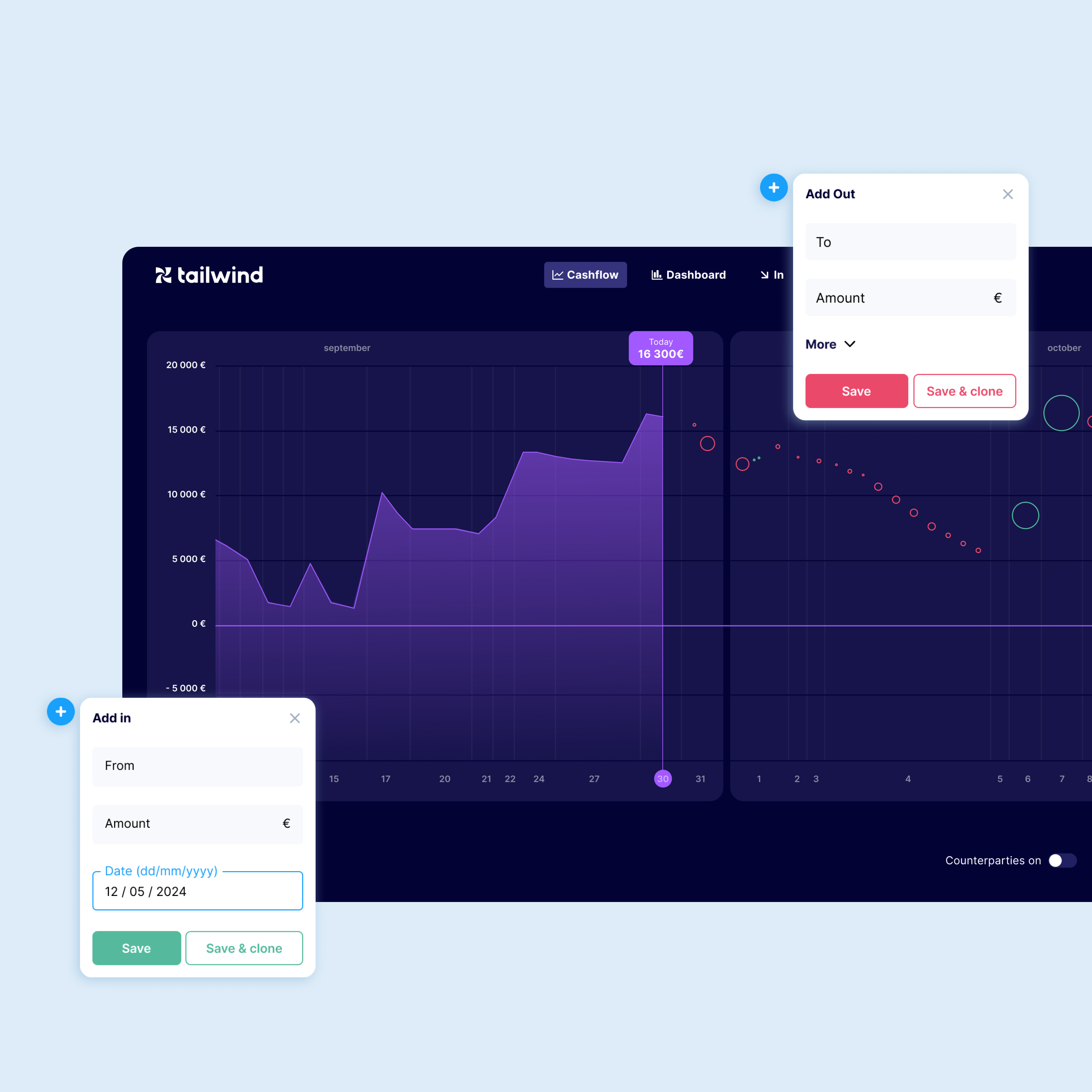 Tailwind cash-flow dashboard with 'Add in' and 'Add out' transaction dialogs