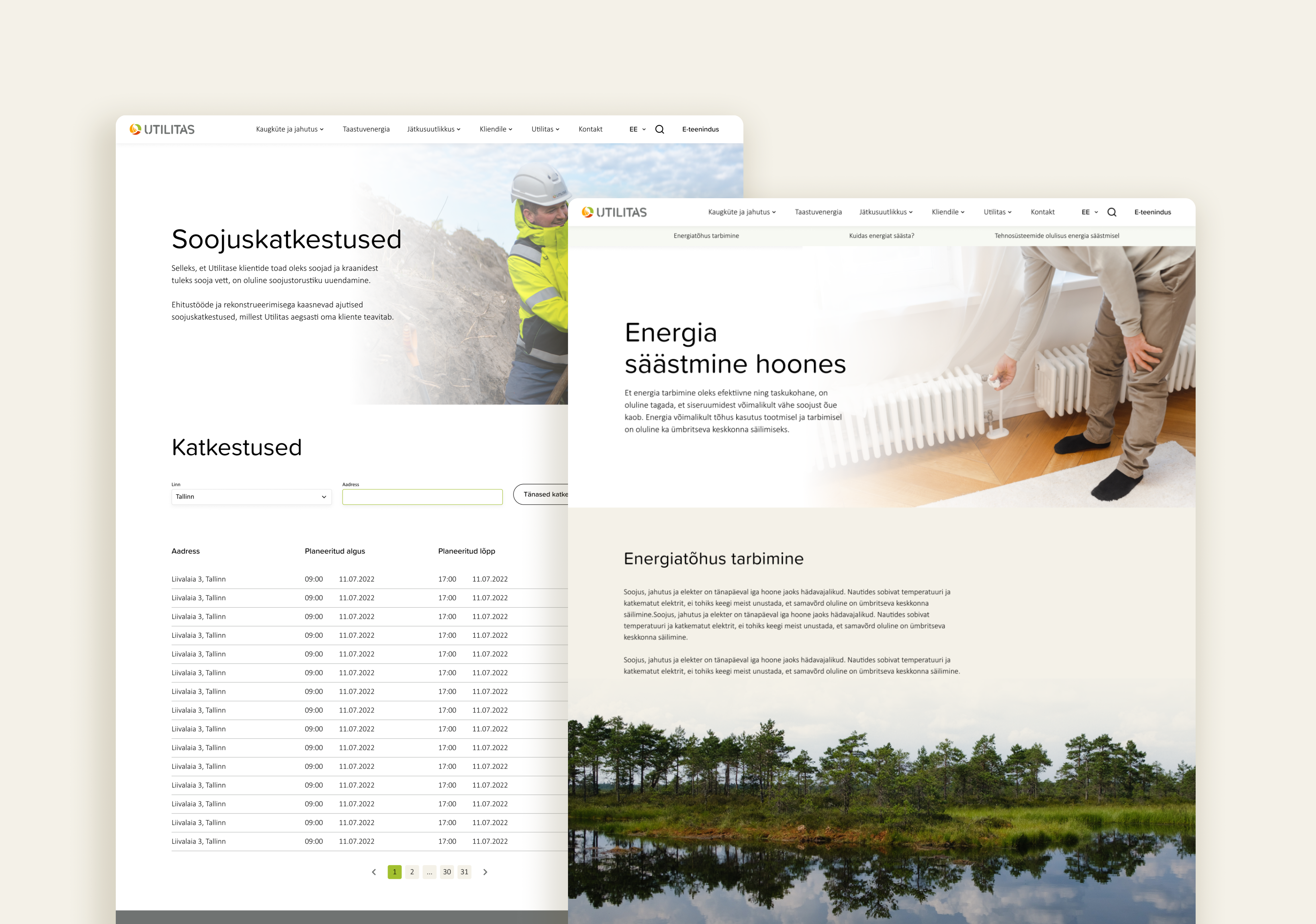 Inner pages of the Utilitas website on heating and energy saving